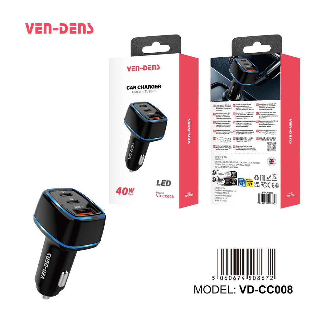 Cargador coche USB-C + USB 40W | Doble Type-C PD20W + USB QC18W con luz LED（VEN-DENS CC008)