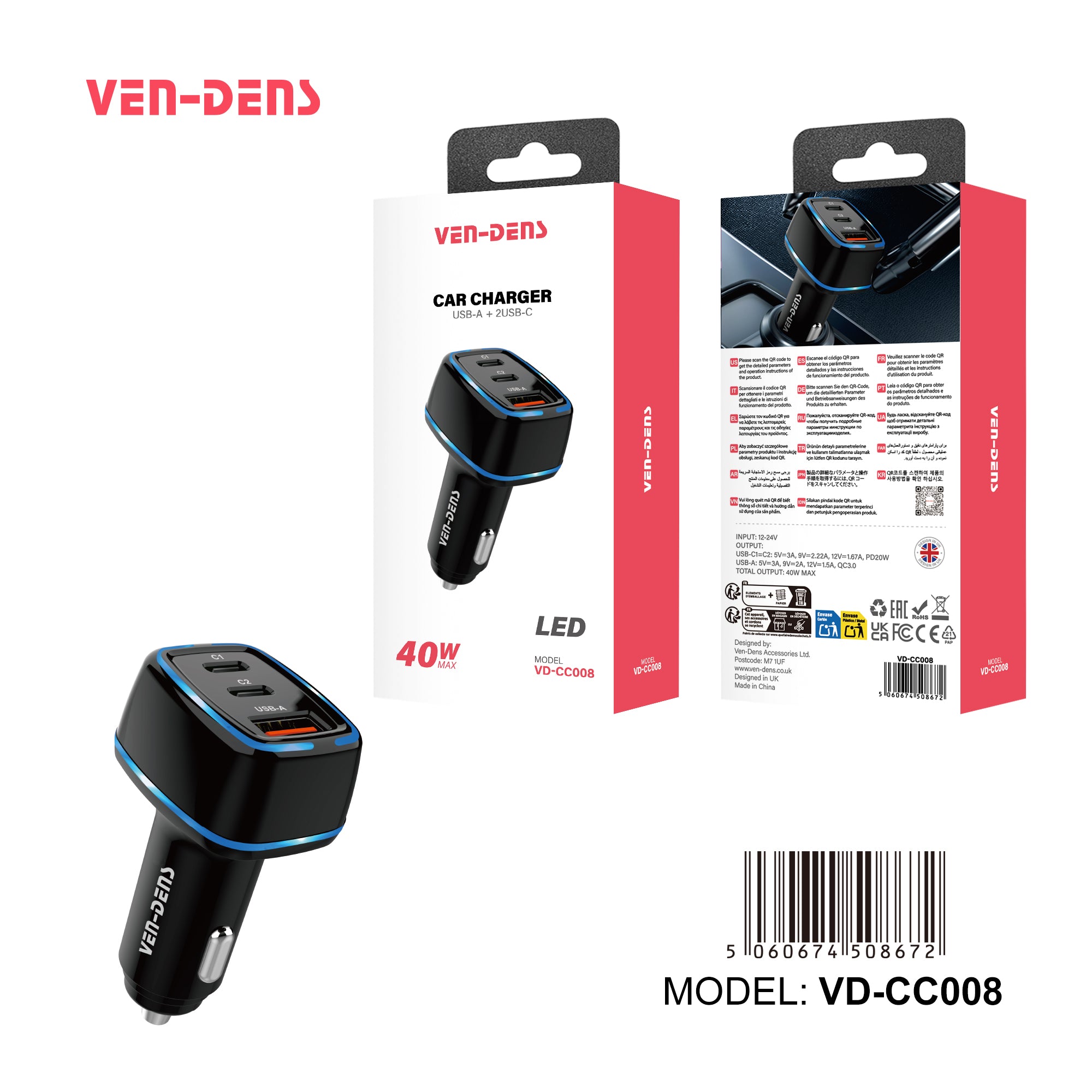 Cargador coche USB-C + USB 40W | Doble Type-C PD20W + USB QC18W con luz LED（VEN-DENS CC008)