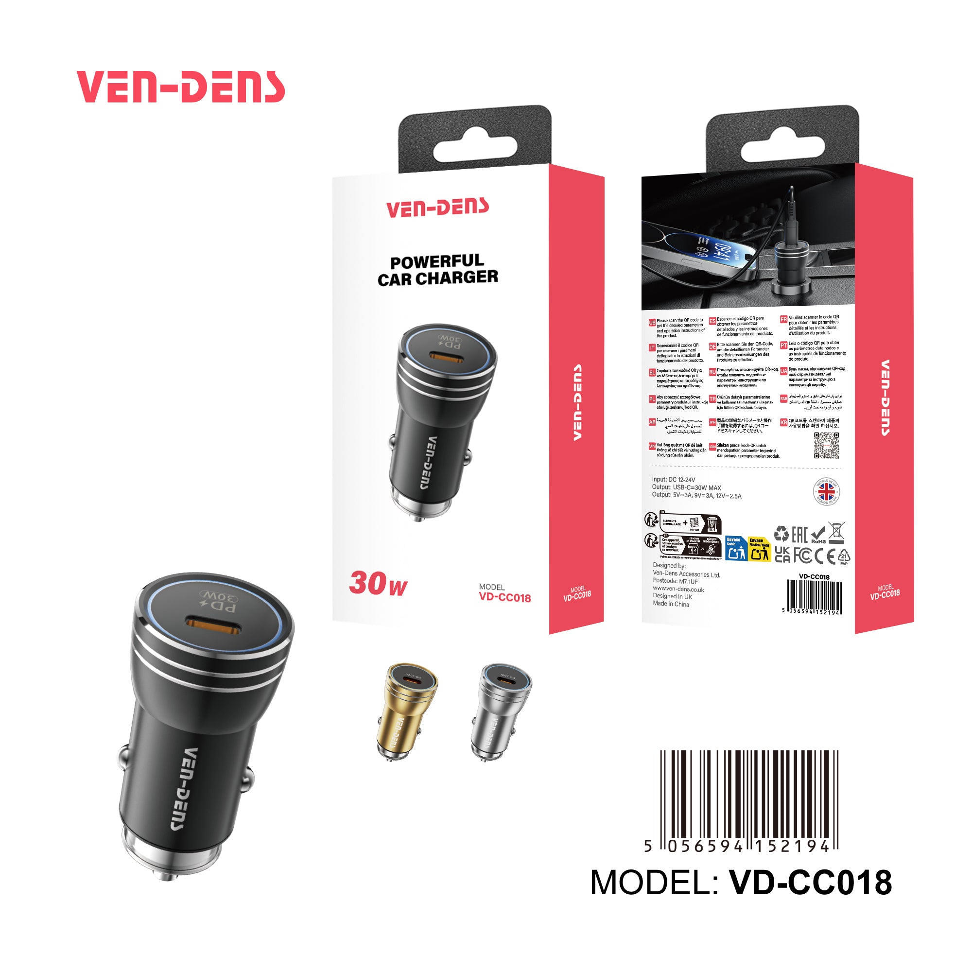 Cargador coche USB-C 30W PD | Compacto, carga rápida, diseño metálico（VEN-DENS CC018)