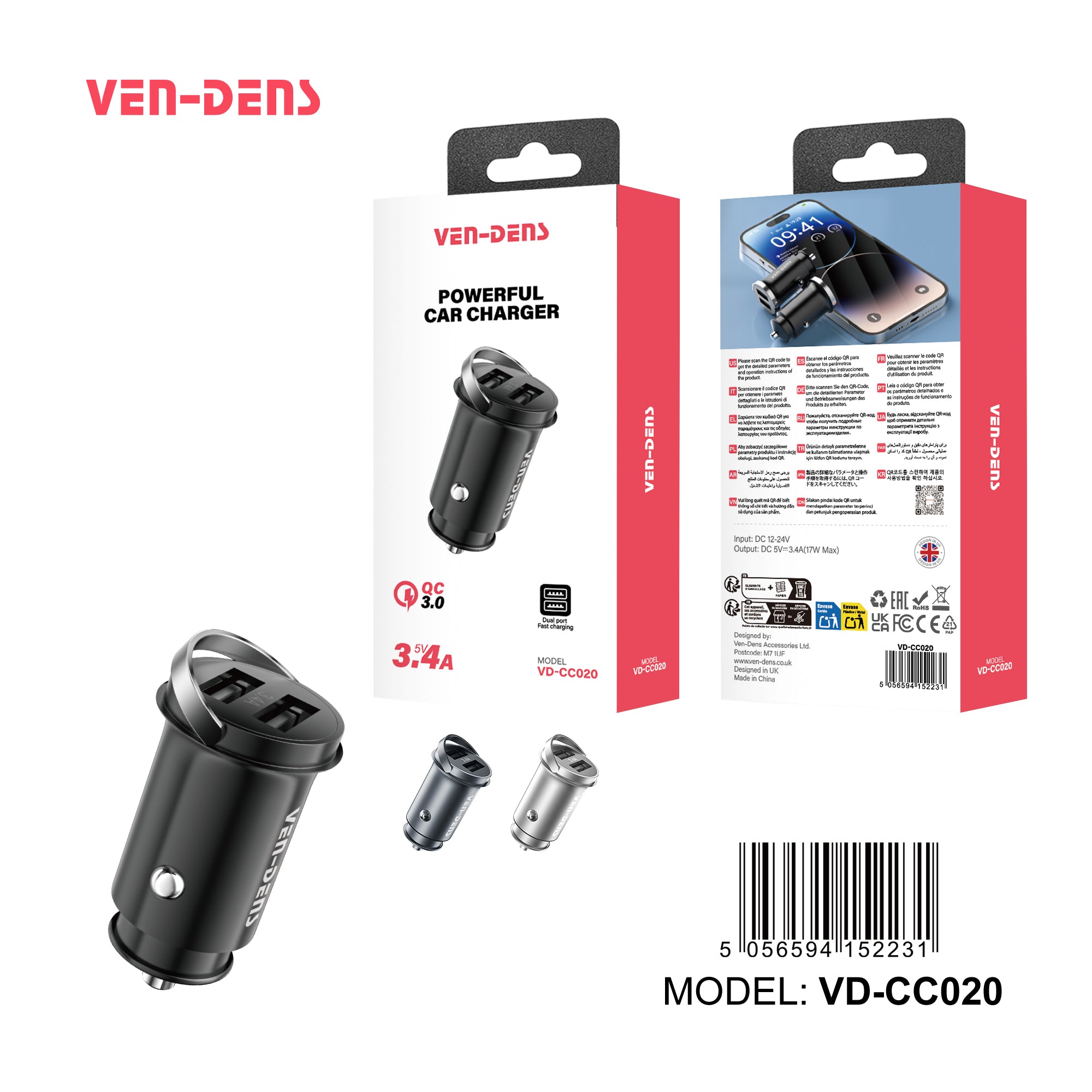 Cargador coche USB doble 3.4V | Compacto, carga rápida, diseño metálico（VEN-DENS CC020)