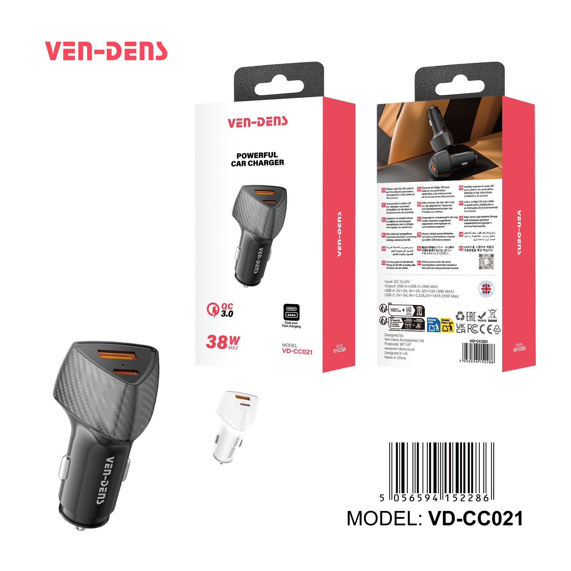 Cargador coche USB-C + USB 38W | PD 20W + QC 18W, carga rápida dual（VEN-DENS CC021)