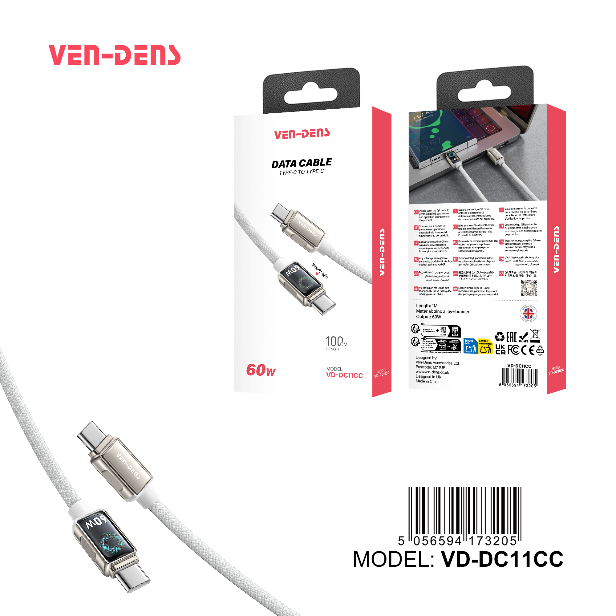 Cable de Carga Rápida 60W con Pantalla LED – USB-C a Type C  (VEN-DENS DC11CC)