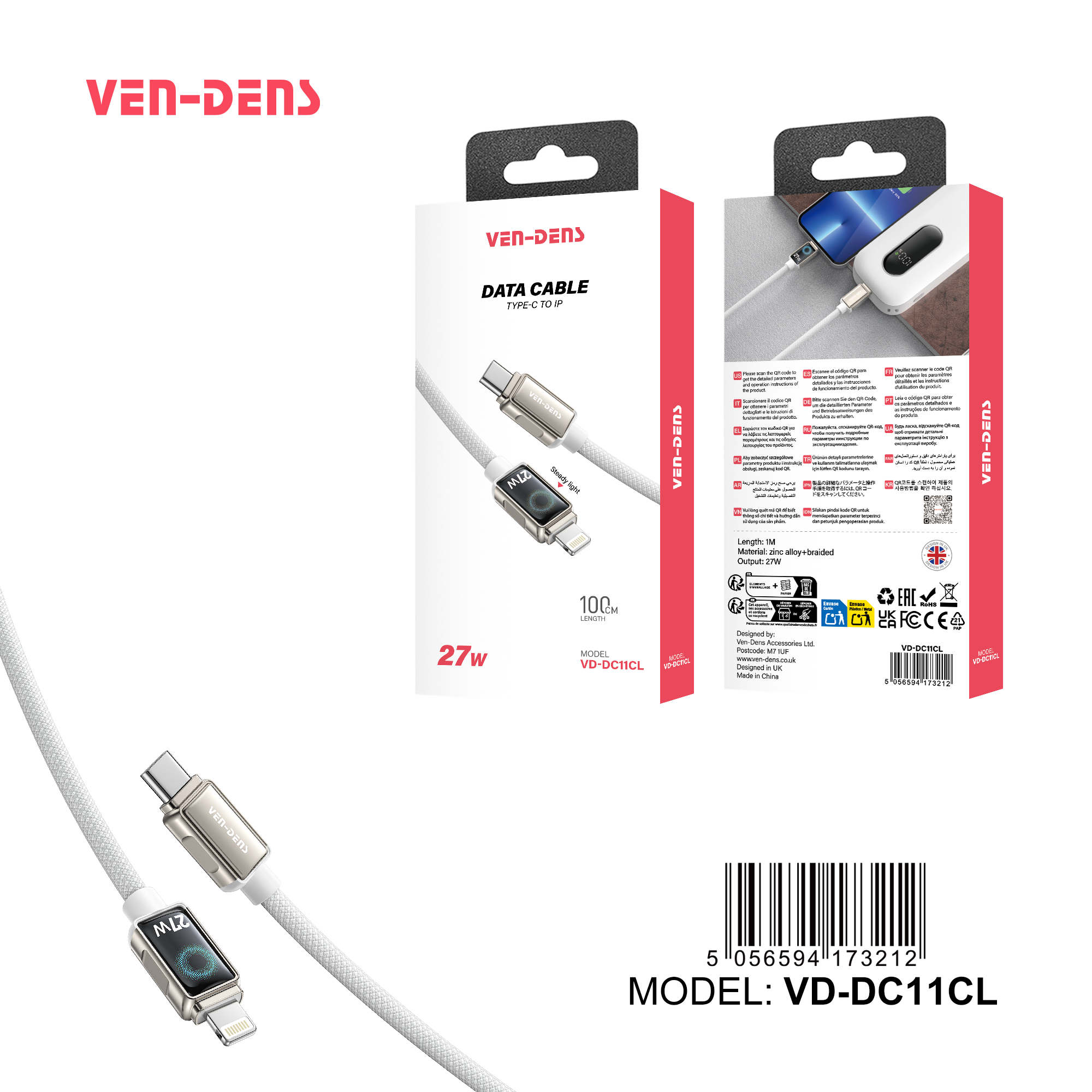 Cable de Carga Rápida 27W con Pantalla LED – USB-C a Lightning (VEN-DENS DC11CL)