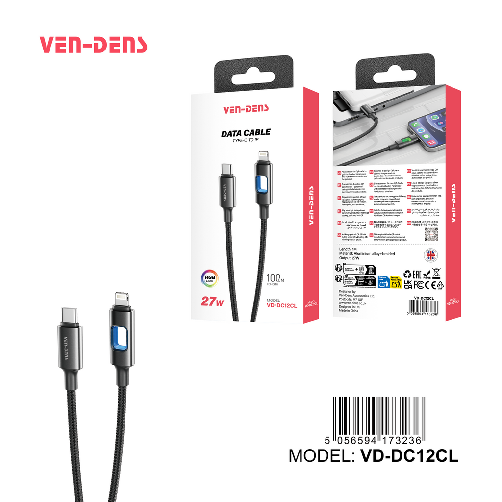 Cable USB-C a Lightning 27W con luz LED | Metal, trenzado y carga rápida(VEN-DENS DC12CL)