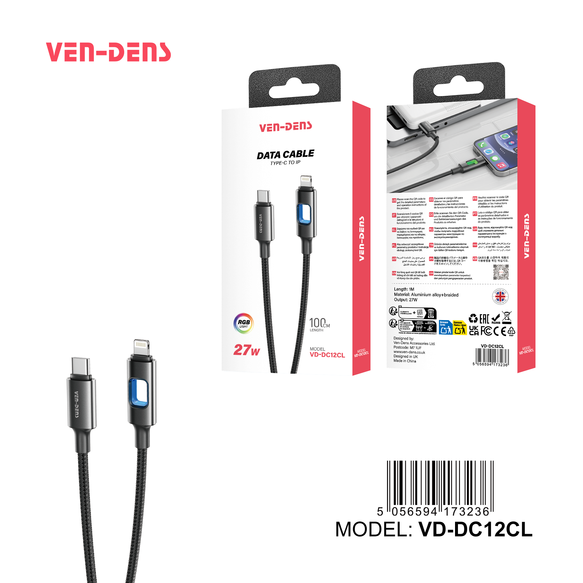 Cable USB-C a Lightning 27W con luz LED | Metal, trenzado y carga rápida(VEN-DENS DC12CL)