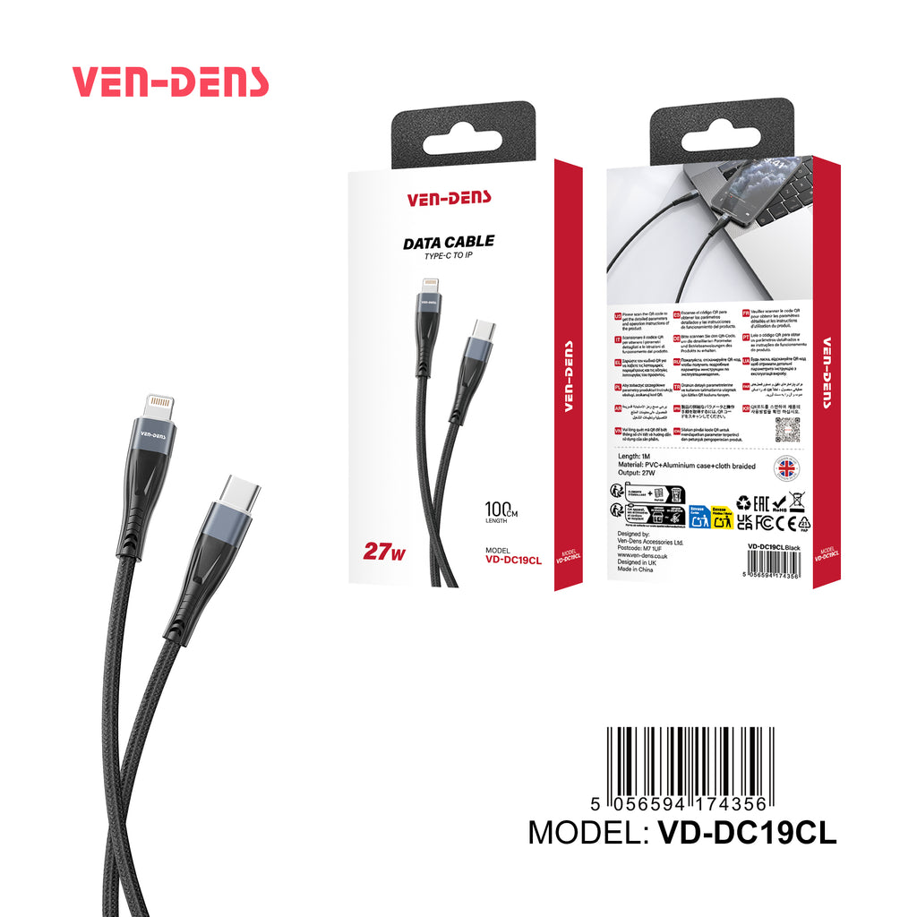 Cable USB-C a Lightning de carga rápida | Nylon trenzado y conector de aluminio (27W)(VEN-DENS DC19CL)