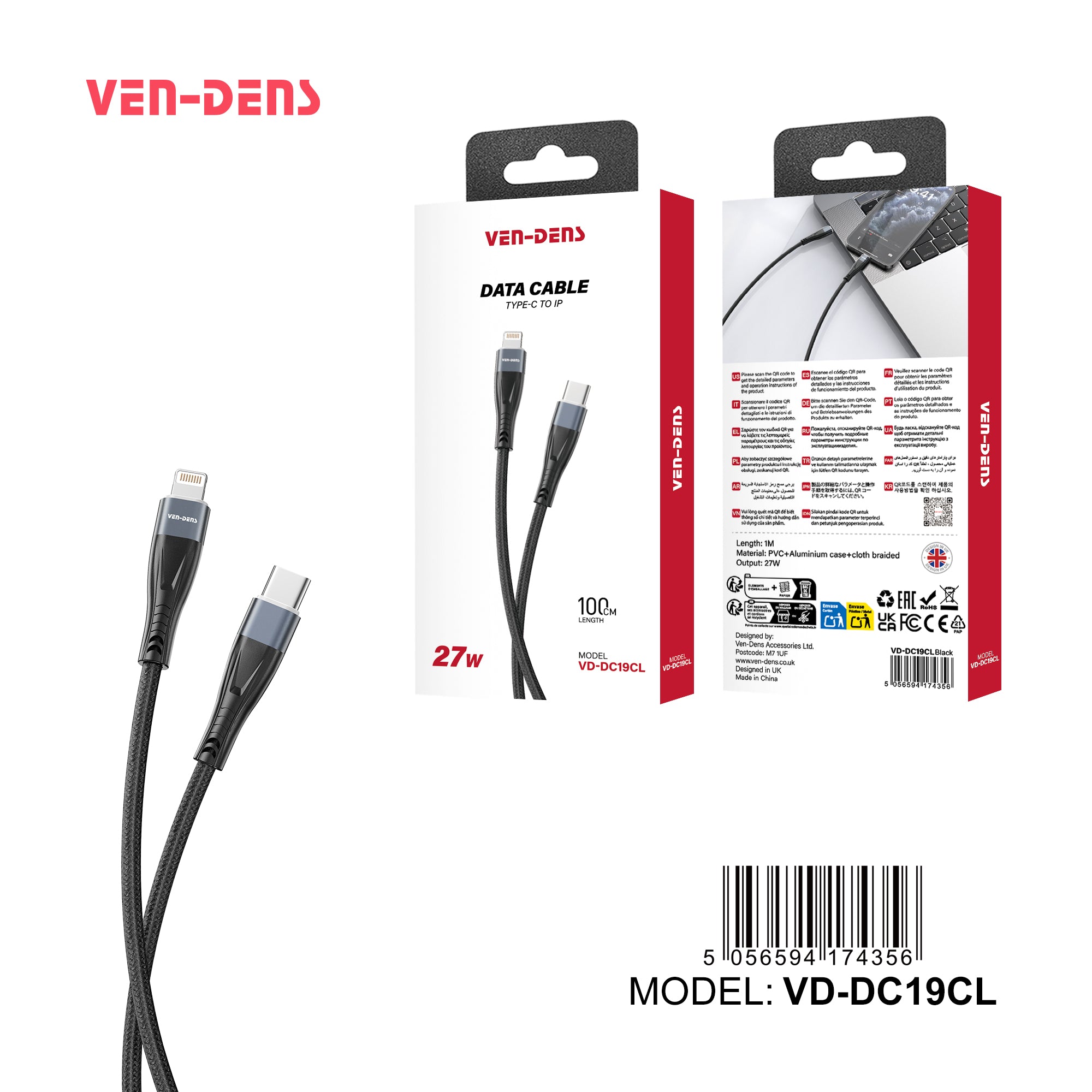 Cable USB-C a Lightning de carga rápida | Nylon trenzado y conector de aluminio (27W)(VEN-DENS DC19CL)