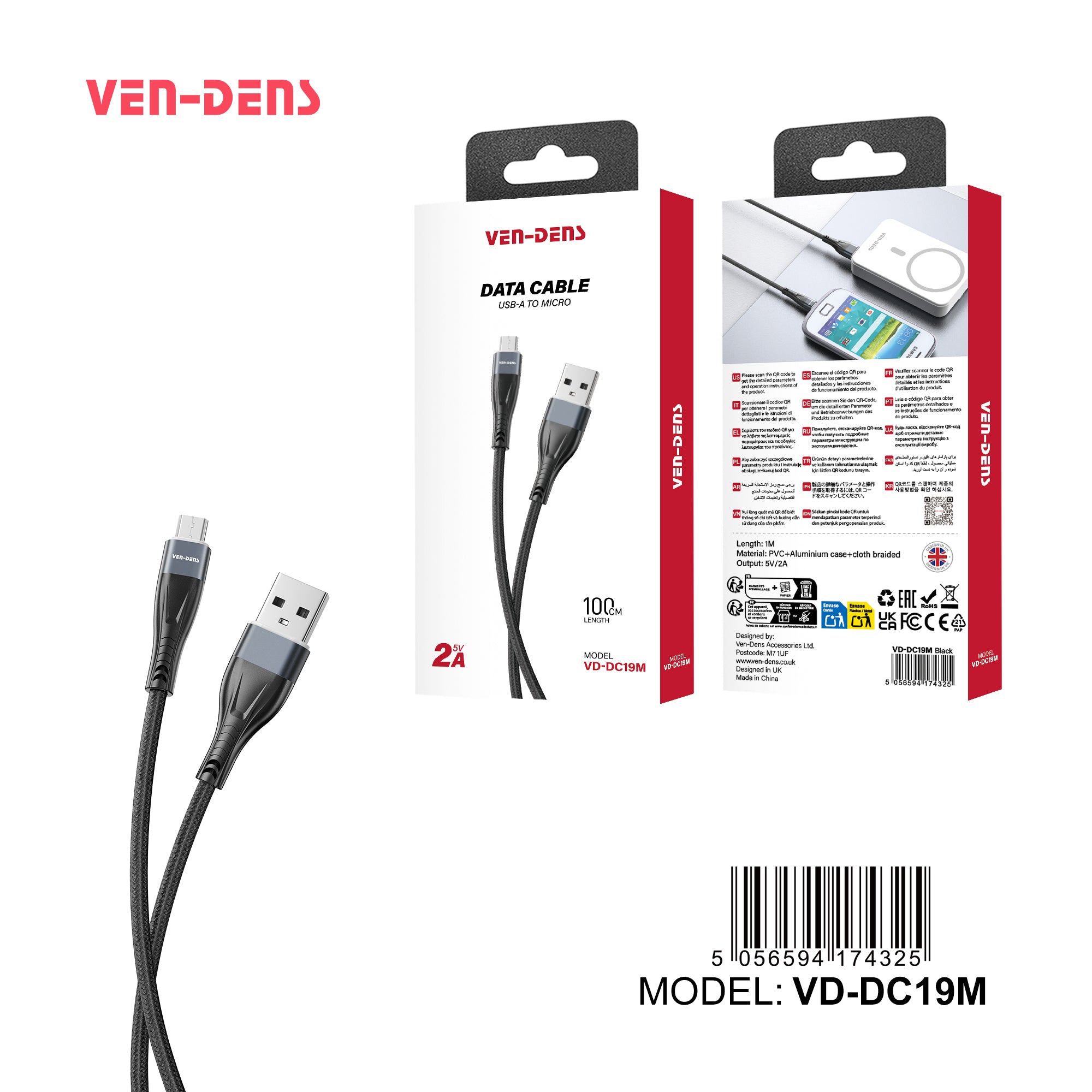 Cable USB a Micro USB de carga | Nylon trenzado y conector de aluminio (VEN-DENS DC19M)