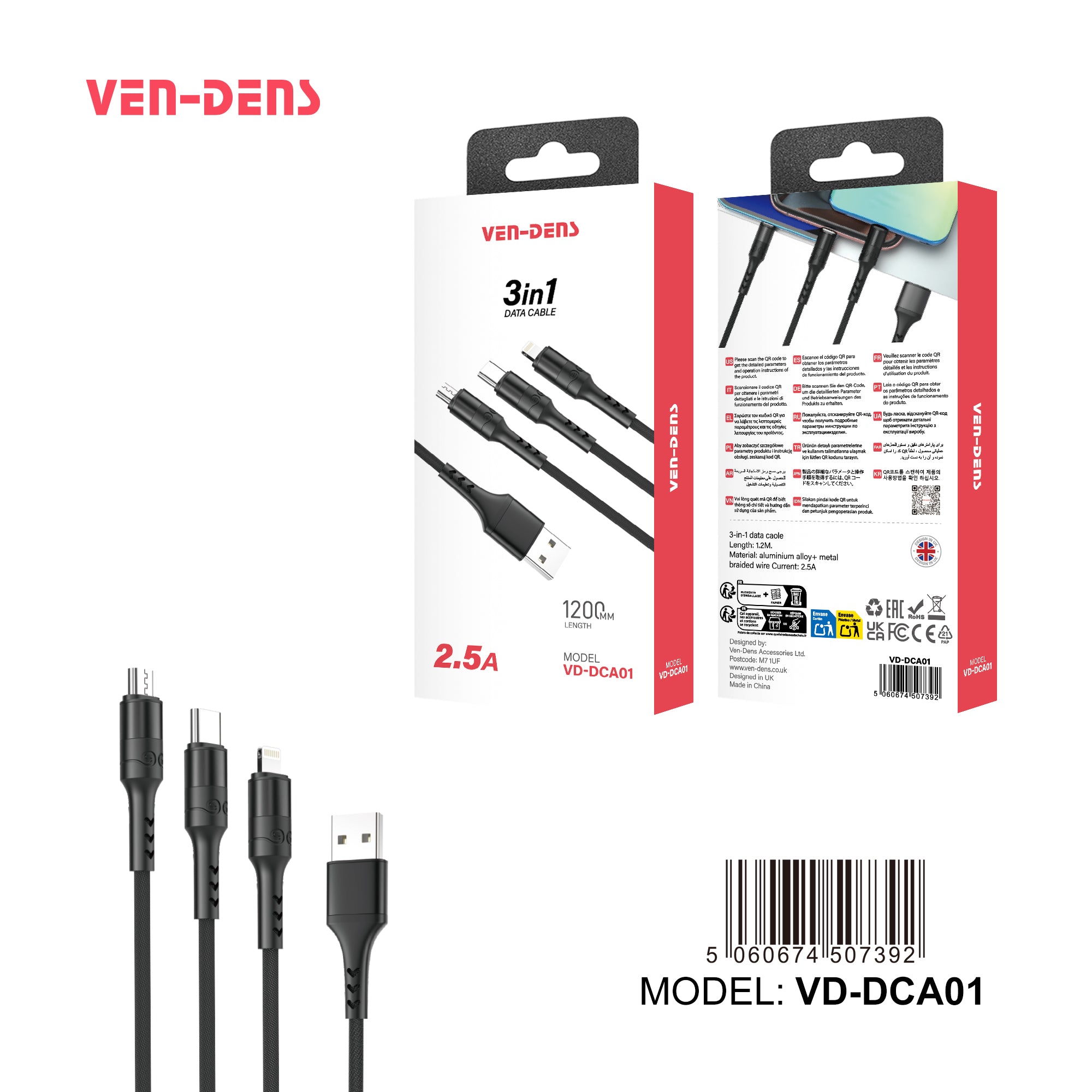 Cable 3 en 1 USB de carga rápida | Nylon trenzado y conectores metálicos (USB-C, Lightning, Micro USB)(VEN-DENS DCA01)