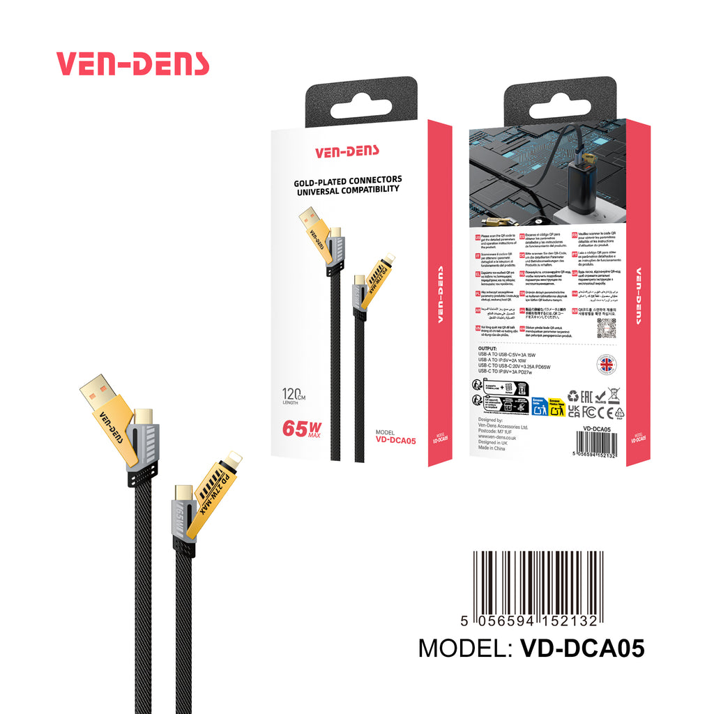 Cable 4 en 1 de carga rápida 65W | Nylon trenzado y conectores de aleación de zinc (USB-C, Lightning)(VEN-DENS DCA05)