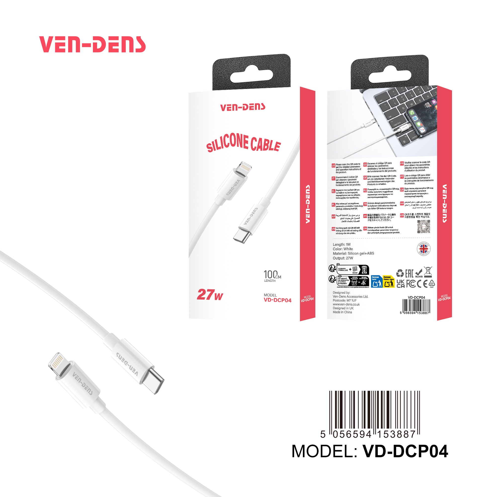 Cable USB-C a Lightning de silicona 27W | Carga rápida, suave y resistente（VEN-DENS DCP04)