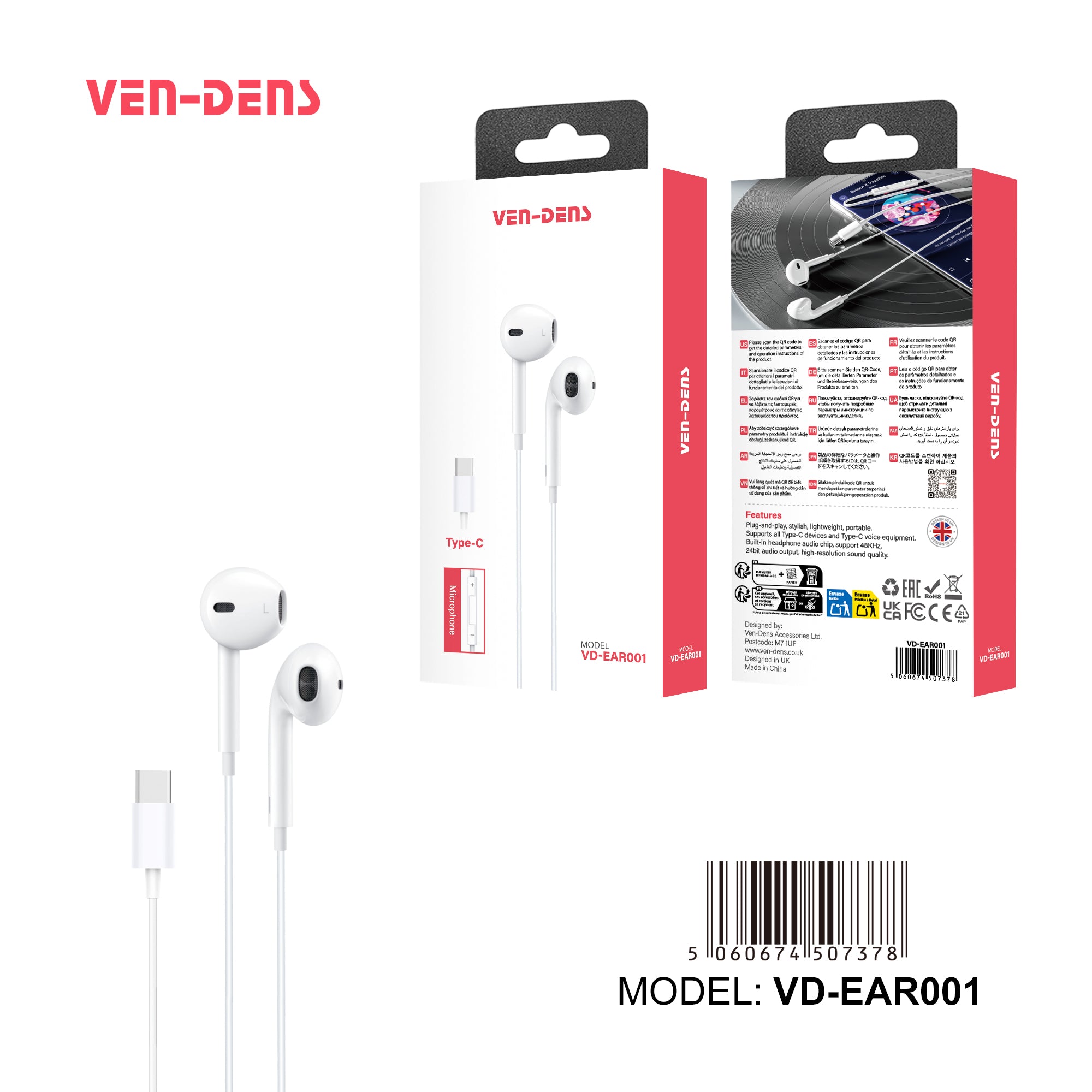Auriculares con cable Type-C digital blancos sin goma | Sonido claro y cómodos（EAR001 VEN-DENS)