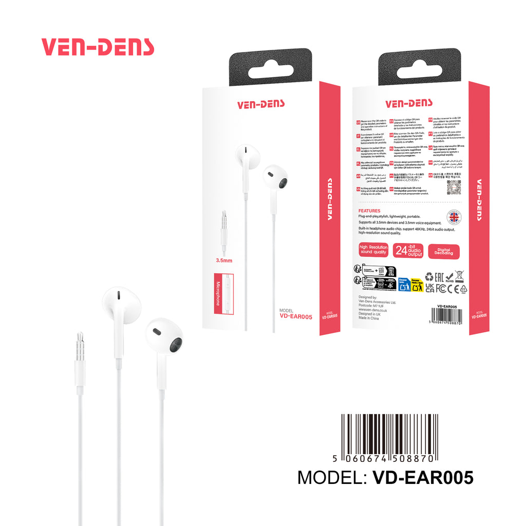 Auriculares con cable Jack 3.5mm blancos sin goma | Cómodos y sonido claro（VEN-DENS EAR005)