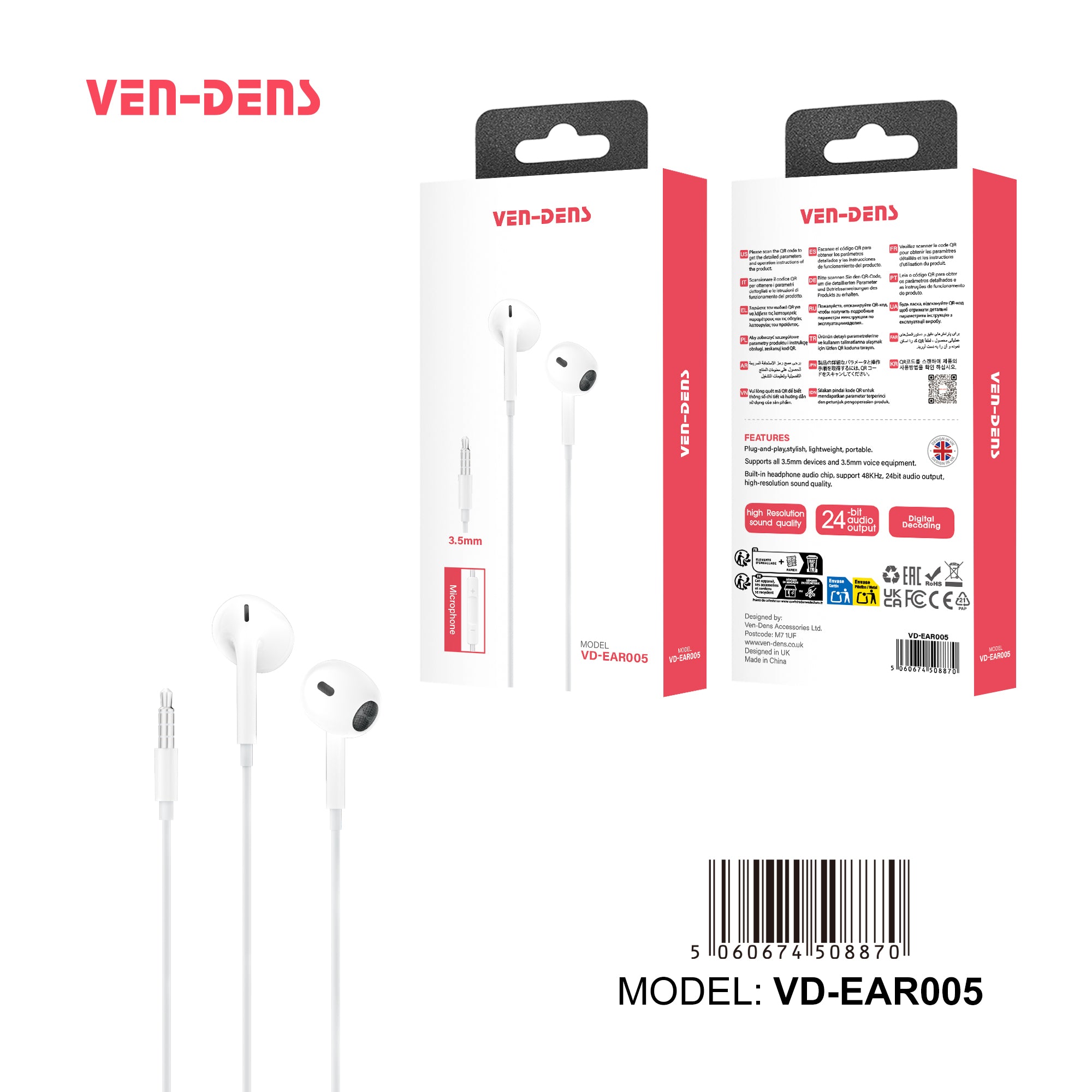 Auriculares con cable Jack 3.5mm blancos sin goma | Cómodos y sonido claro（VEN-DENS EAR005)