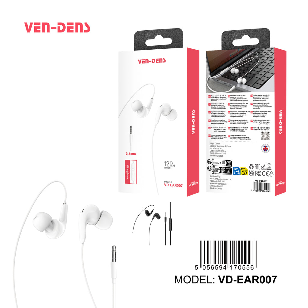 Auriculares con cable Jack 3.5mm blancos y negros con goma | In-ear, sonido potente y cómodo(VEN-DENS EAR007)