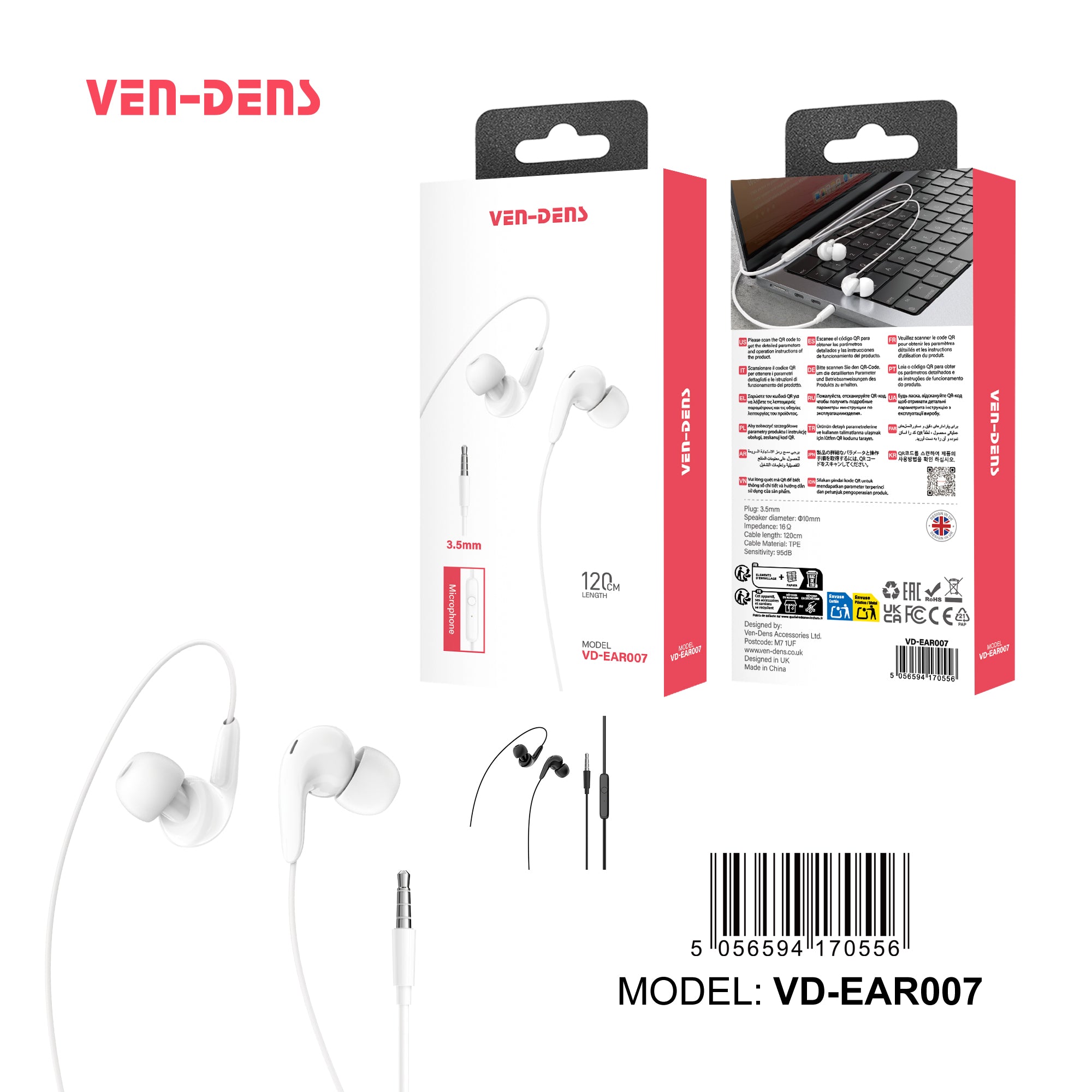 Auriculares con cable Jack 3.5mm blancos y negros con goma | In-ear, sonido potente y cómodo(VEN-DENS EAR007)