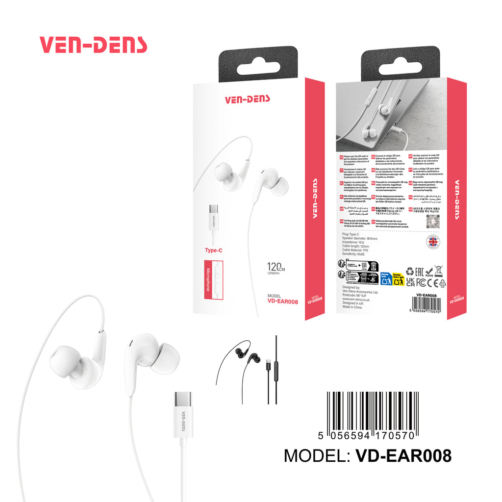 Auriculares USB-C digitales blancos Y negros con goma | In-ear, sonido potente y aislamiento（VEN-DENS EAR008)