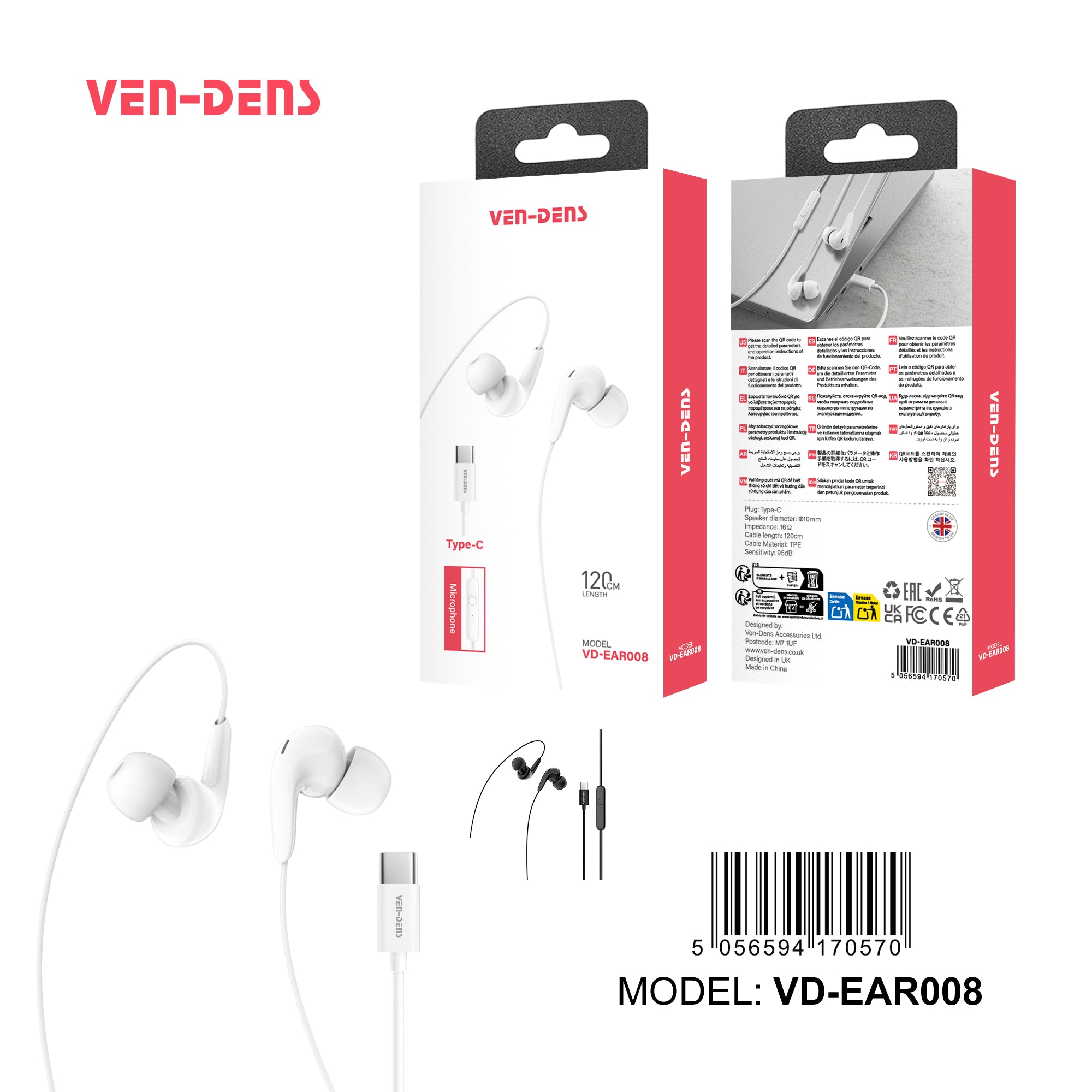 Auriculares USB-C digitales blancos Y negros con goma | In-ear, sonido potente y aislamiento（VEN-DENS EAR008)