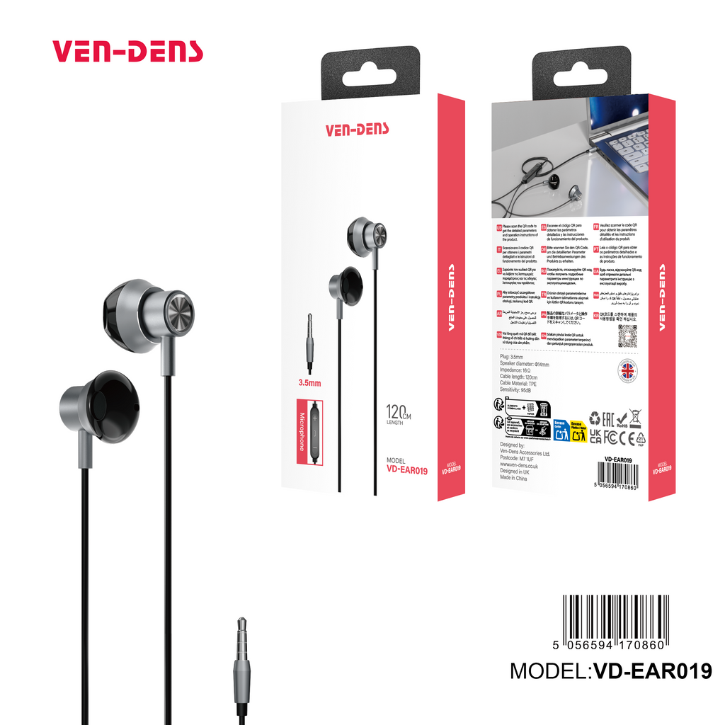 Auriculares con cable Jack 3.5mm negros sin goma | Alta calidad con metálico（VEN-DENS EAR019)