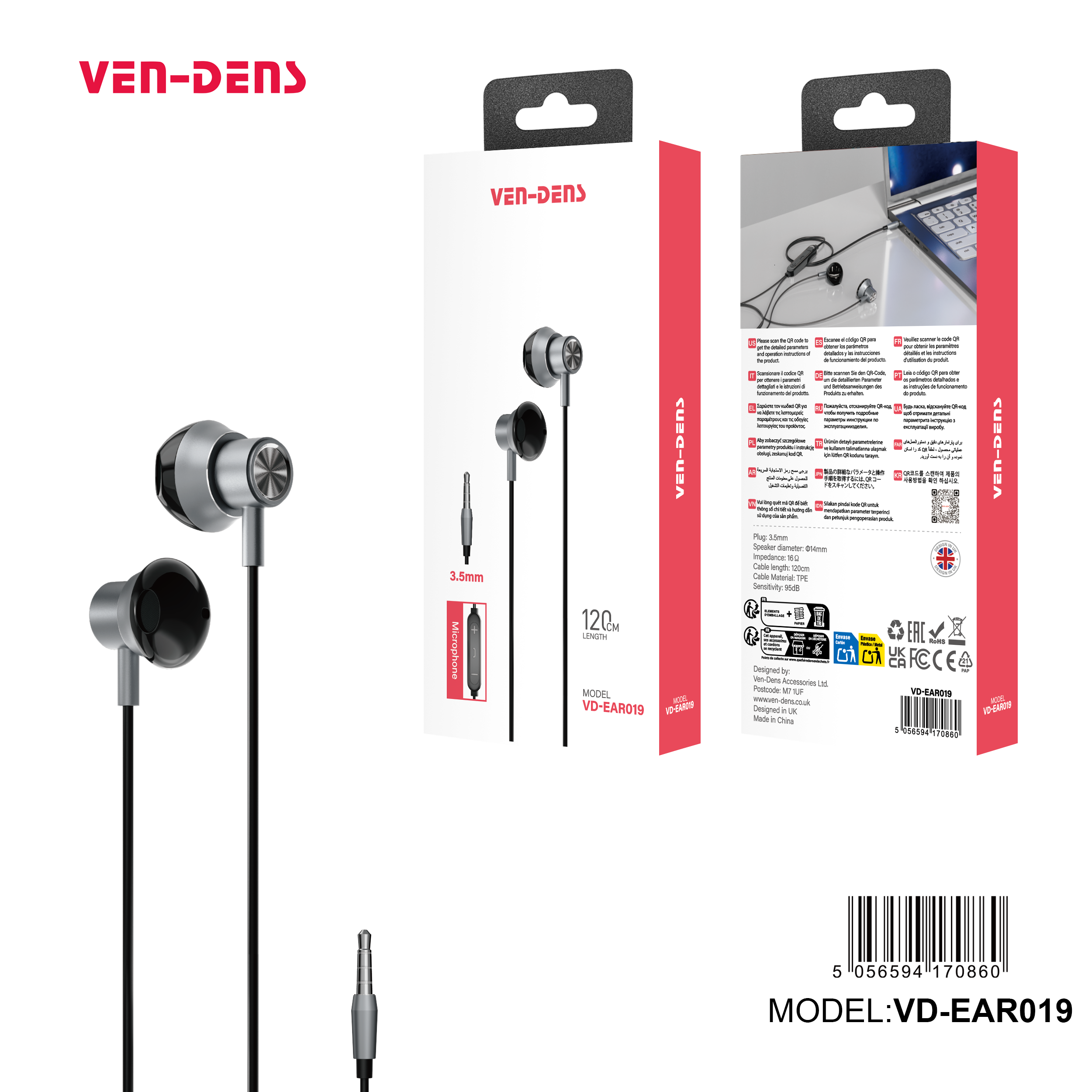 Auriculares con cable Jack 3.5mm negros sin goma | Alta calidad con metálico（VEN-DENS EAR019)