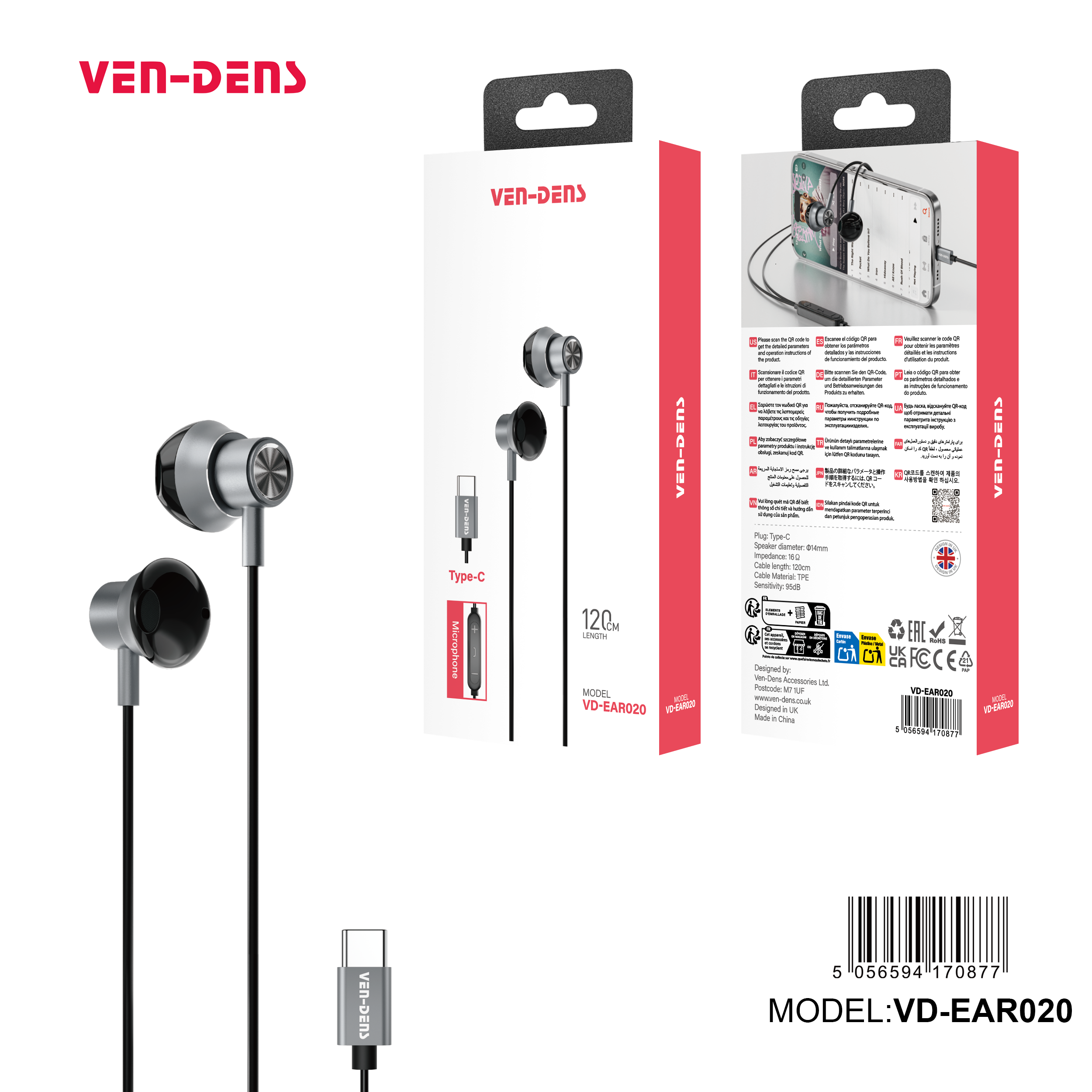Auriculares USB-C negros sin goma con metálico | Alta calidad y sonido claro(VEN-DENS EAR020)