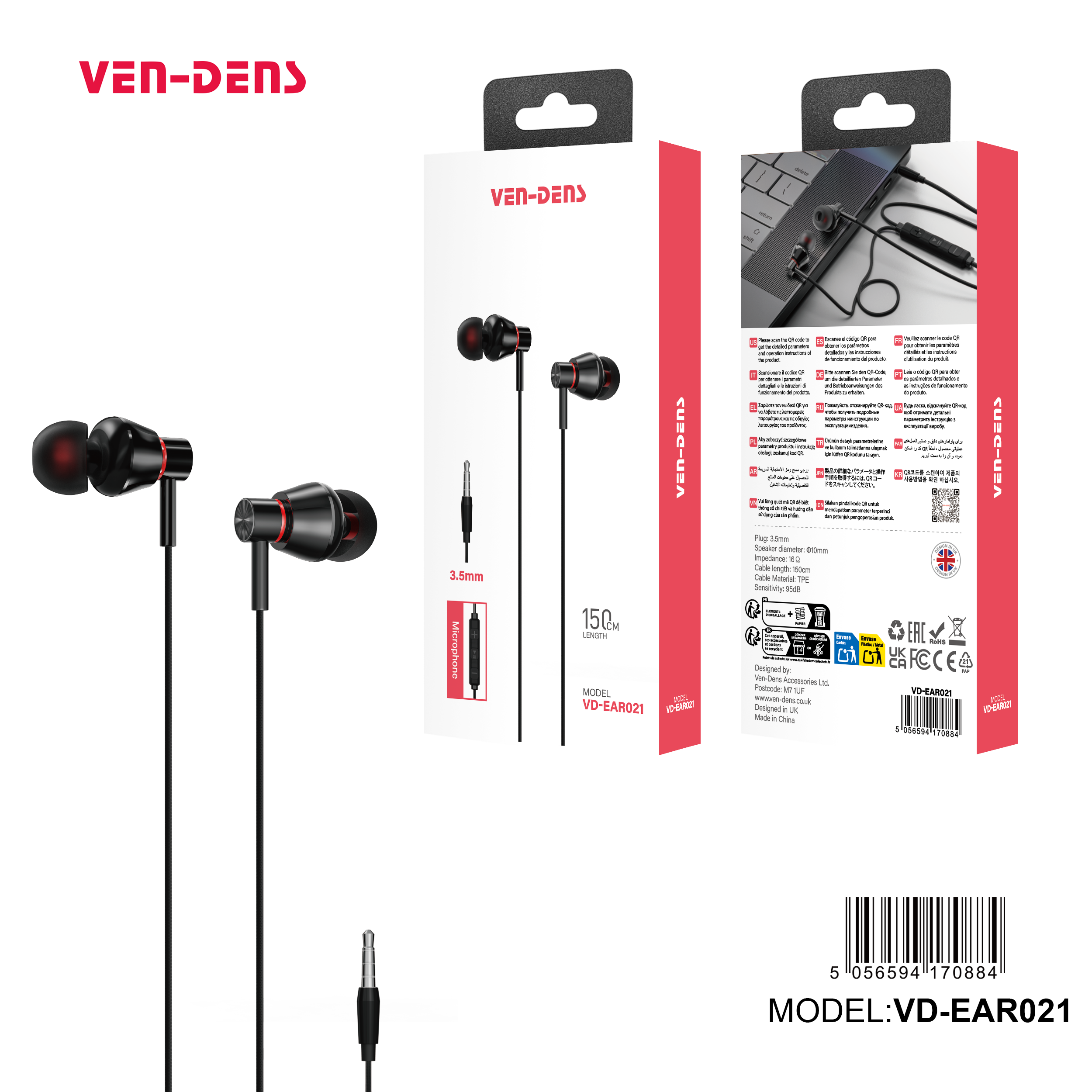 Auriculares Jack 3.5mm negros con goma y metálico | Sonido potente y alta calidad(VEN-DENS EAR021)