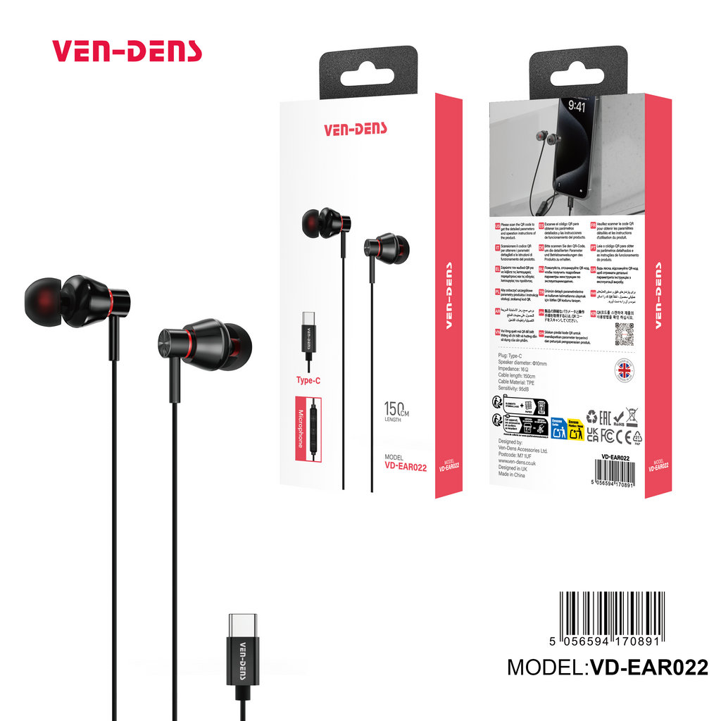 Auriculares USB-C negros con metálico y diseño in-ear | Sonido premium y mayor aislamiento(VEN-DENS EAR022)
