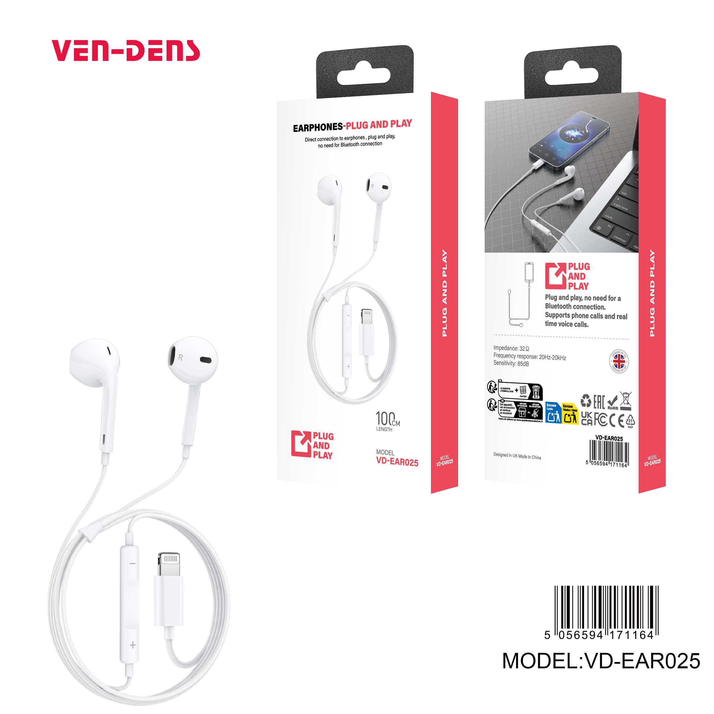 Auriculares con cable Lightning blancos sin Bluetooth| Para iPhone, cómodos y sin goma(VEN-DENS EAR025)