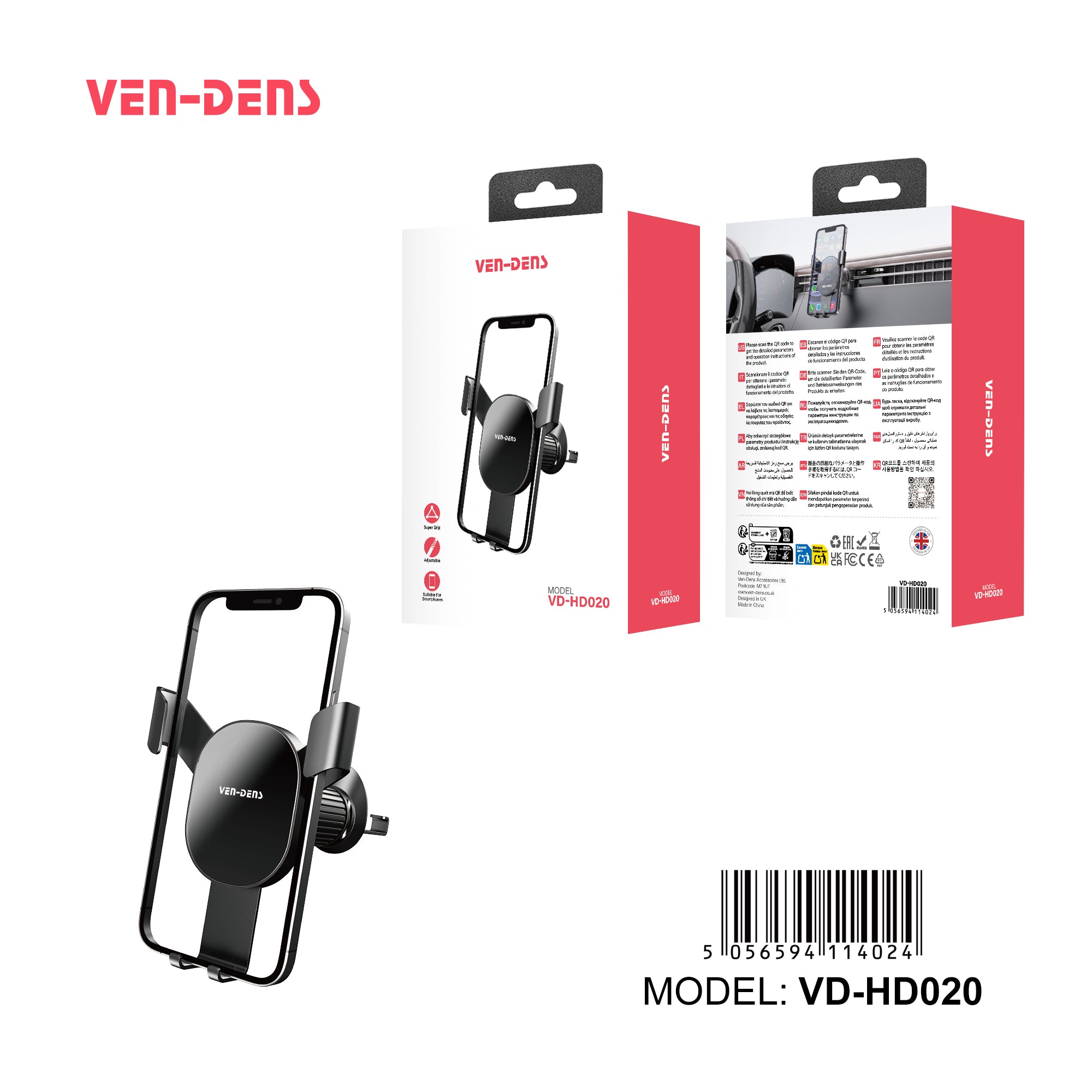 Soporte móvil coche rejilla ventilación | Sujeción firme con pinza, rotación 360°, soporte universal（VEN-DENS HD020)