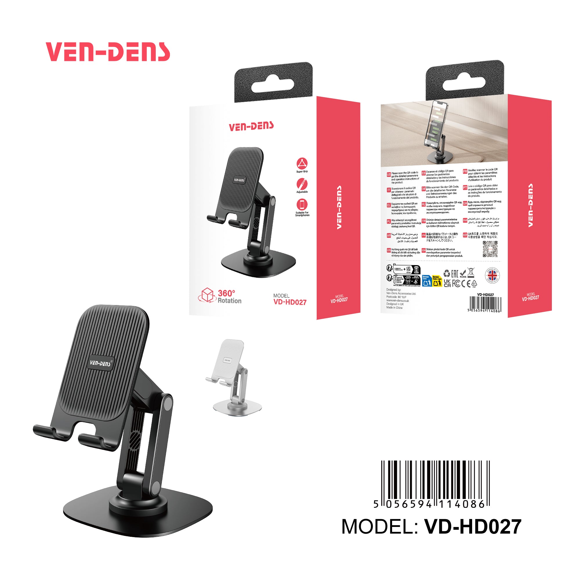 Soporte móvil de escritorio ajustable | Base metálica, rotación 360°, soporte estable para smartphone（VEN-DENS HD027)