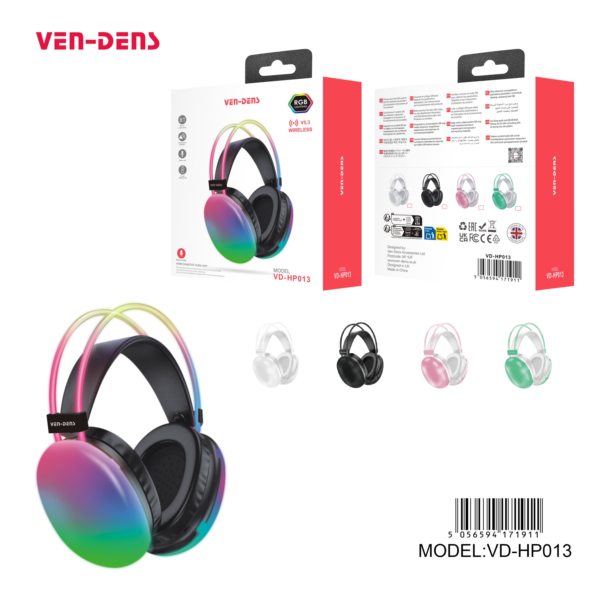 Auriculares Gaming Bluetooth con luces RGB | Sonido potente y 4 colores disponibles(VEN-DENS HP013)