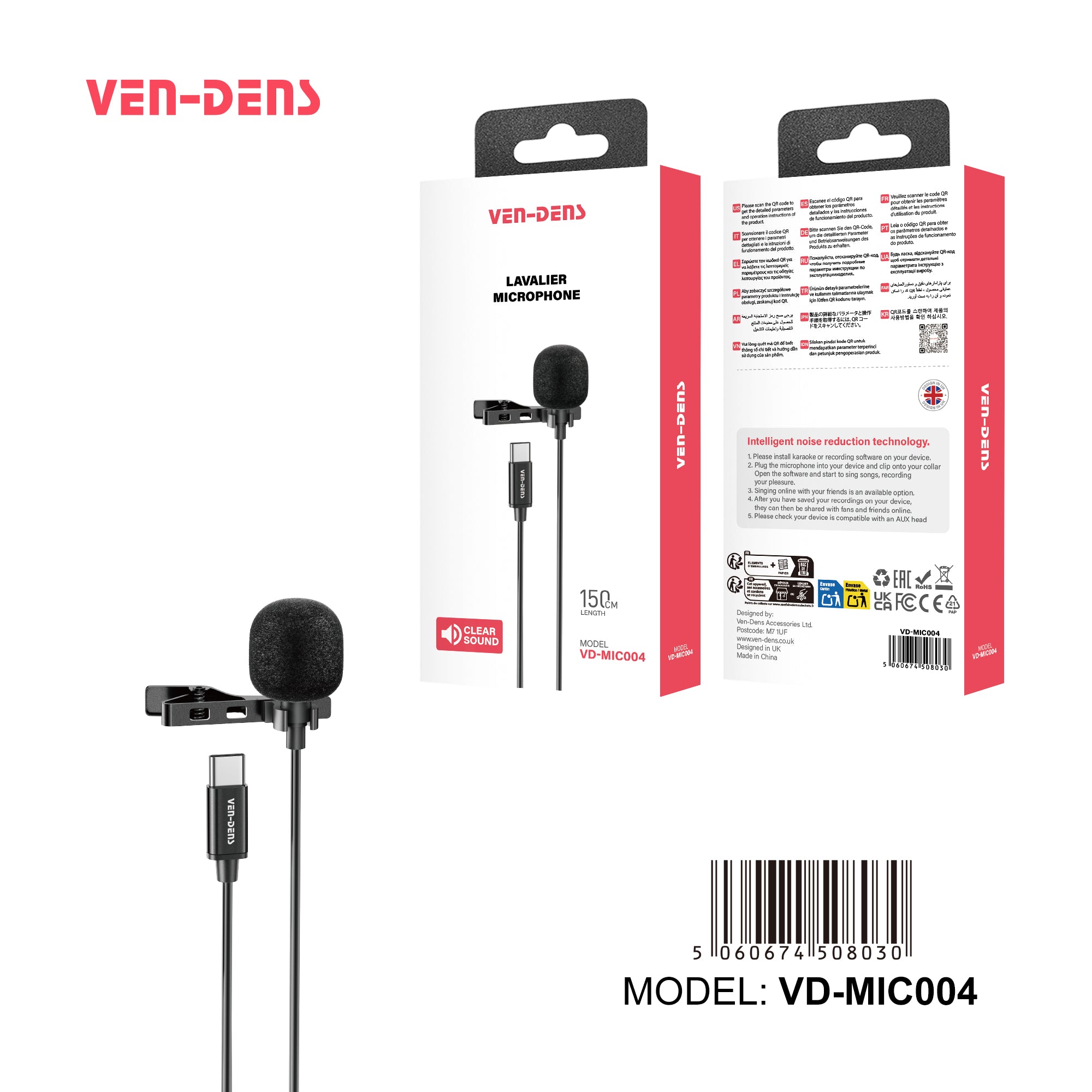 Micrófono lavalier en aluminio con cable 1.5m USB-C | sonido claro（VEN-DENS MIC004)