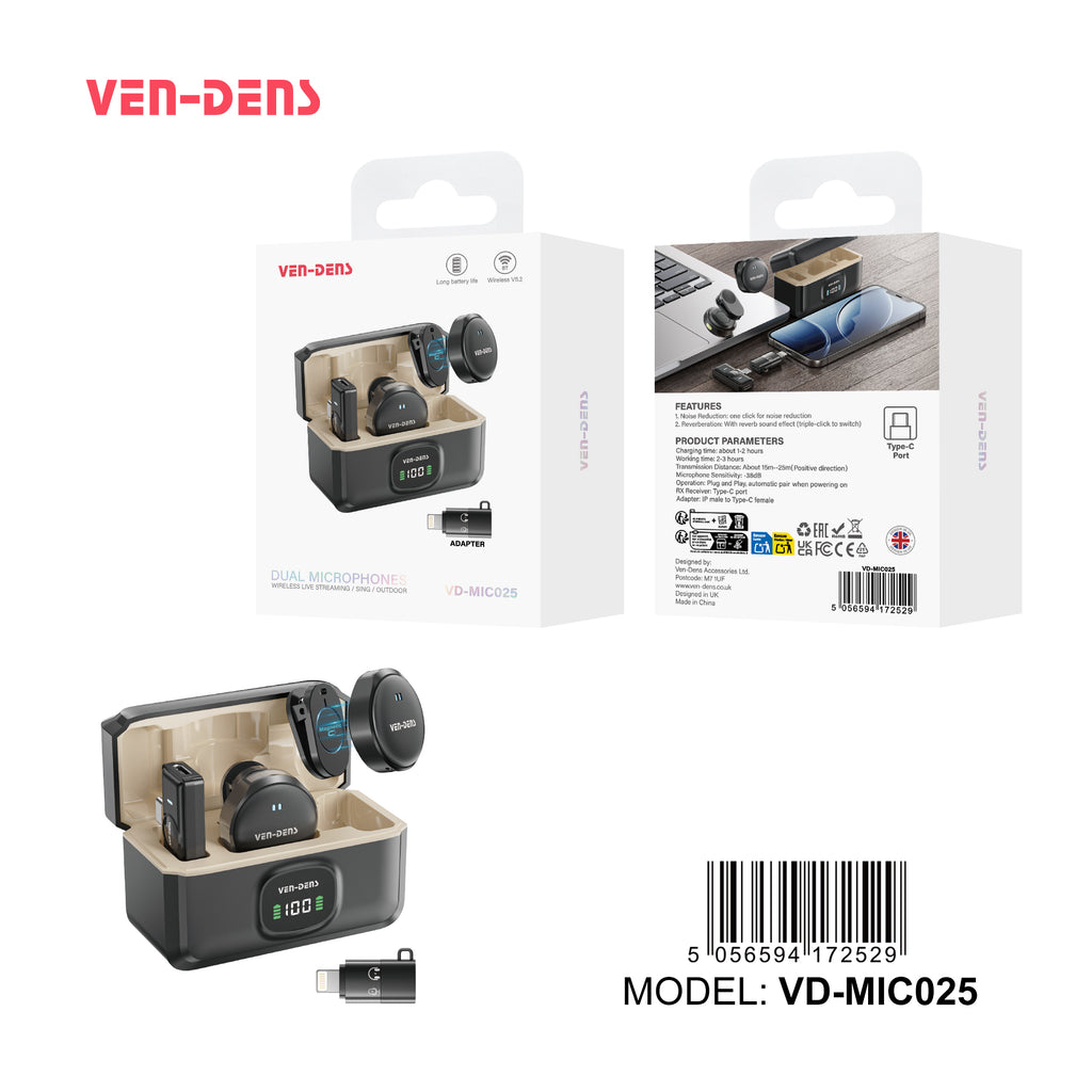 Micrófonos inalámbricos duales Bluetooth 5.2 con cancelación de ruido（VEN-DENS MIC025)