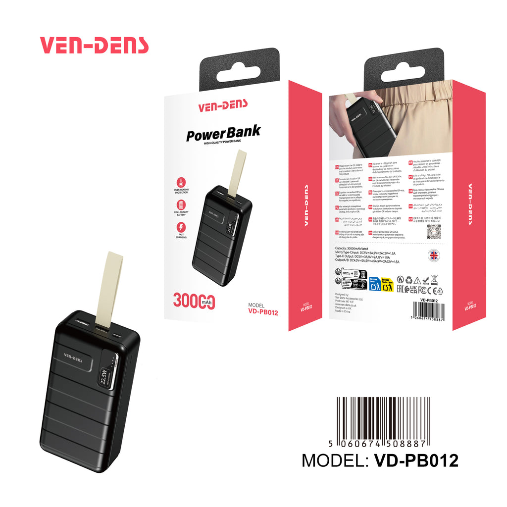 Power Bank 30000mAh 22.5W carga rápida | Batería externa con 2 USB + USB-C y LED indicador（VEN-DENS PB012)