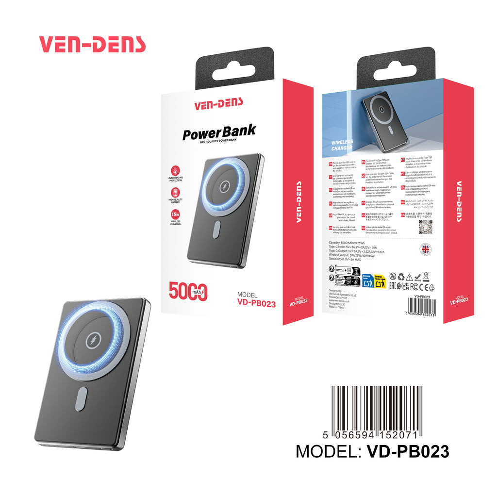 Power Bank Magnético 5000mAh con carga inalámbrica 15W | Batería portátil con fijación magnética y luz LED（VEN-DENS PB023)