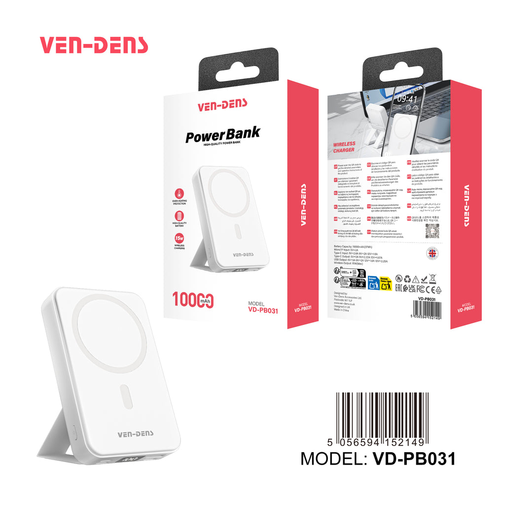 Power Bank Magnético 10000mAh 22.5W + 15W Inalámbrico | Pantalla digital, USB-C, soporte integrado（VEN-DENS PB031)