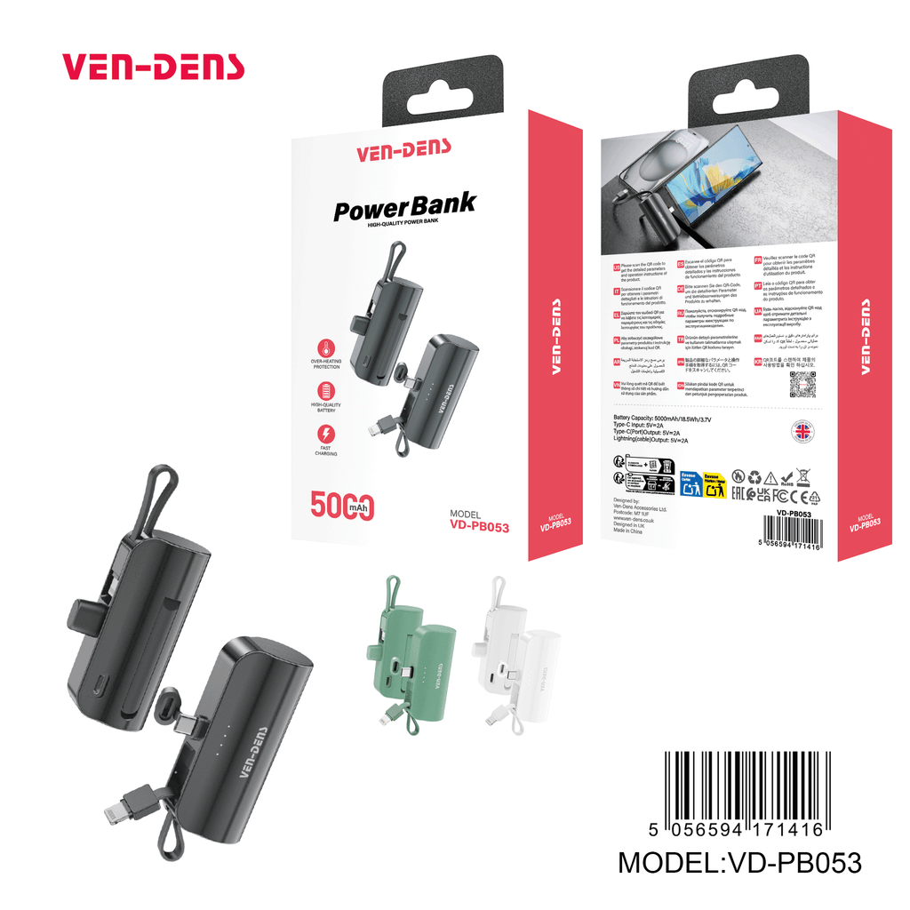 Mini Power Bank 5000mAh con Lightning + USB-C | Batería portátil compacta 10W (Negro/Blanco/Verde)（VEN-DENS PB053)