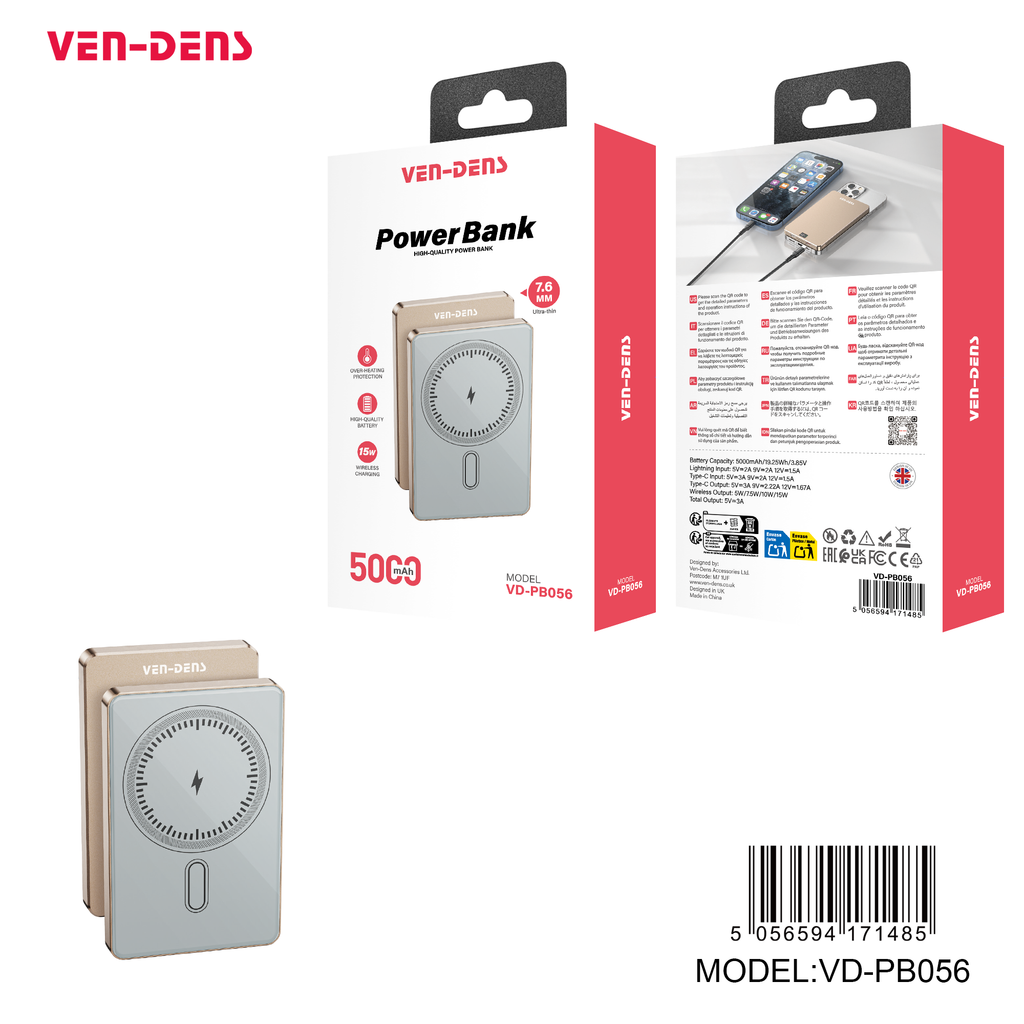 Power Bank Magnético Premium 5000mAh 15W | Carga inalámbrica, pantalla digital, diseño metal + vidrio ultrafino（VEN-DENS PB056)