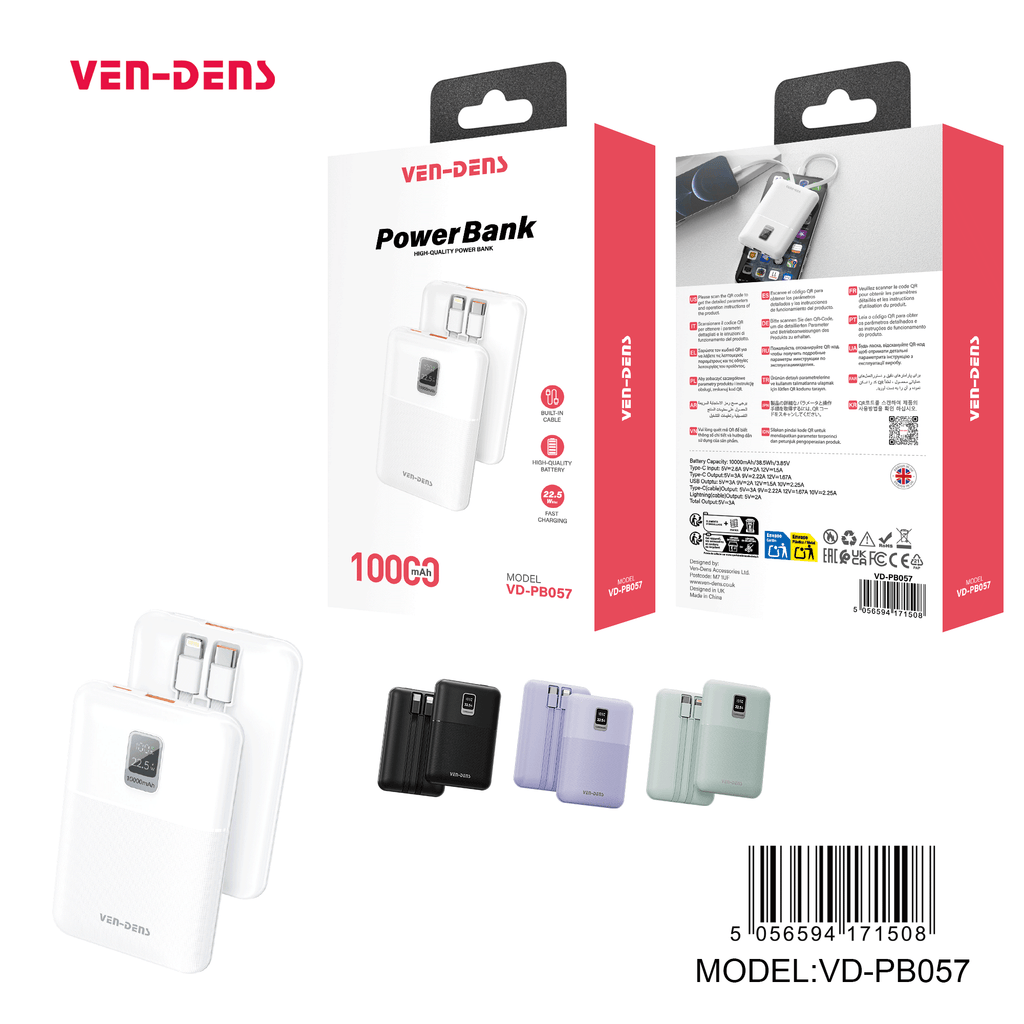 Power Bank 10000mAh 22.5W Carga Rápida con Cables Integrados | Pantalla LED, Compacto (Negro/Blanco/Verde/Morado)（VEN-DENS PB057)