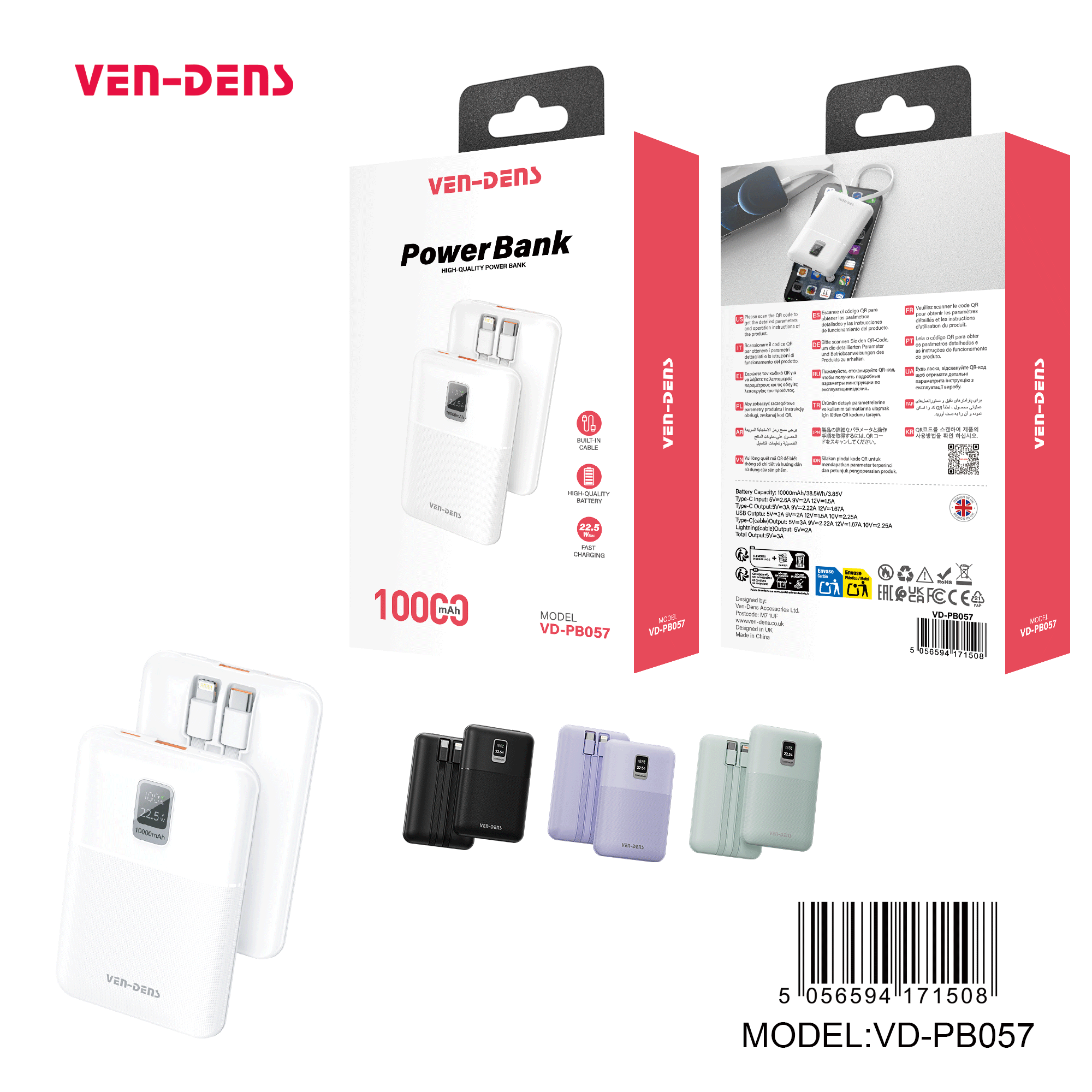 Power Bank 10000mAh 22.5W Carga Rápida con Cables Integrados | Pantalla LED, Compacto (Negro/Blanco/Verde/Morado)（VEN-DENS PB057)