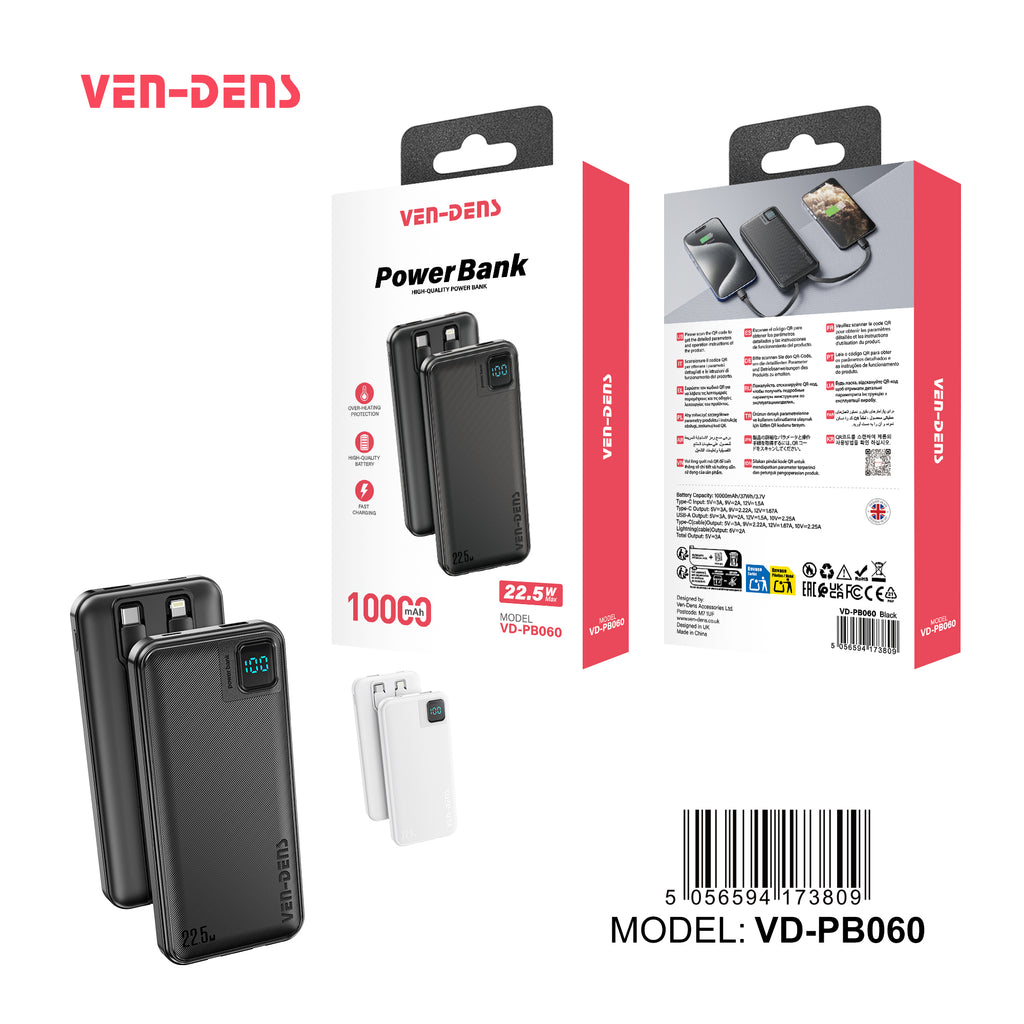 Power Bank 10000mAh 22.5W carga rápida con 4 cables integrados | Batería externa con pantalla LED (Blanco/Negro)（VEN-DENS PB060)
