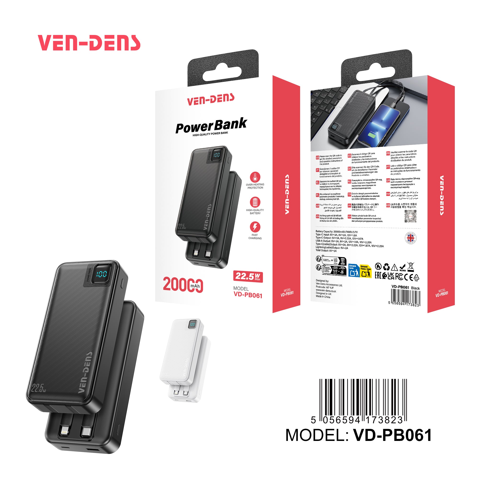 Power Bank 20000mAh 22.5W carga rápida con 4 cables integrados | Batería externa portátil con pantalla LED (Blanco/Negro)（VEN-DENS PB061)