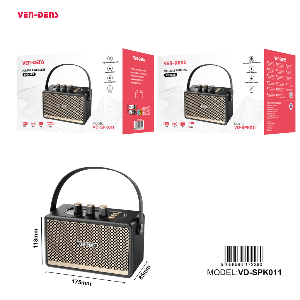 Altavoz portátil estilo retro con Bluetooth 5.3 y sonido potente 10W(VEN-DENS SPK011)