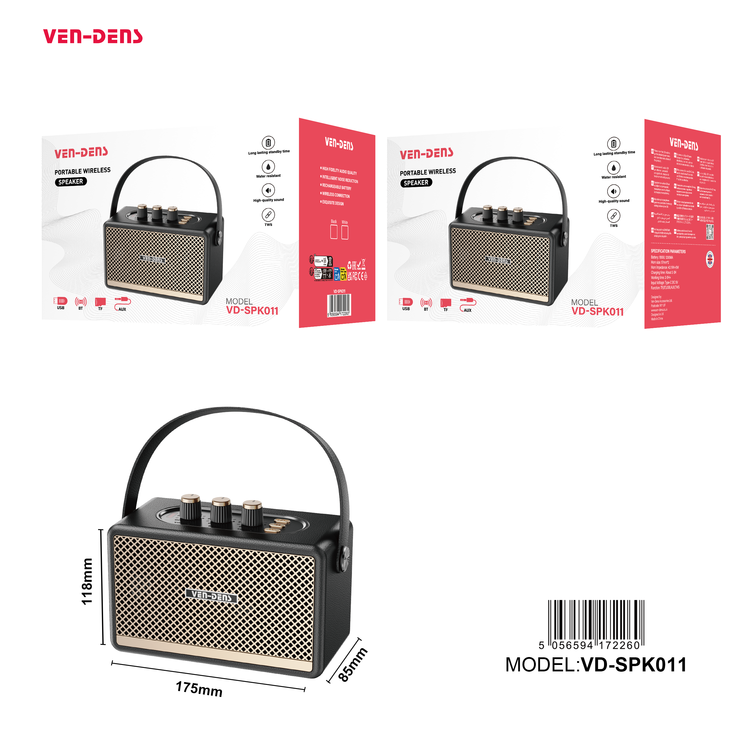 Altavoz portátil estilo retro con Bluetooth 5.3 y sonido potente 10W(VEN-DENS SPK011)
