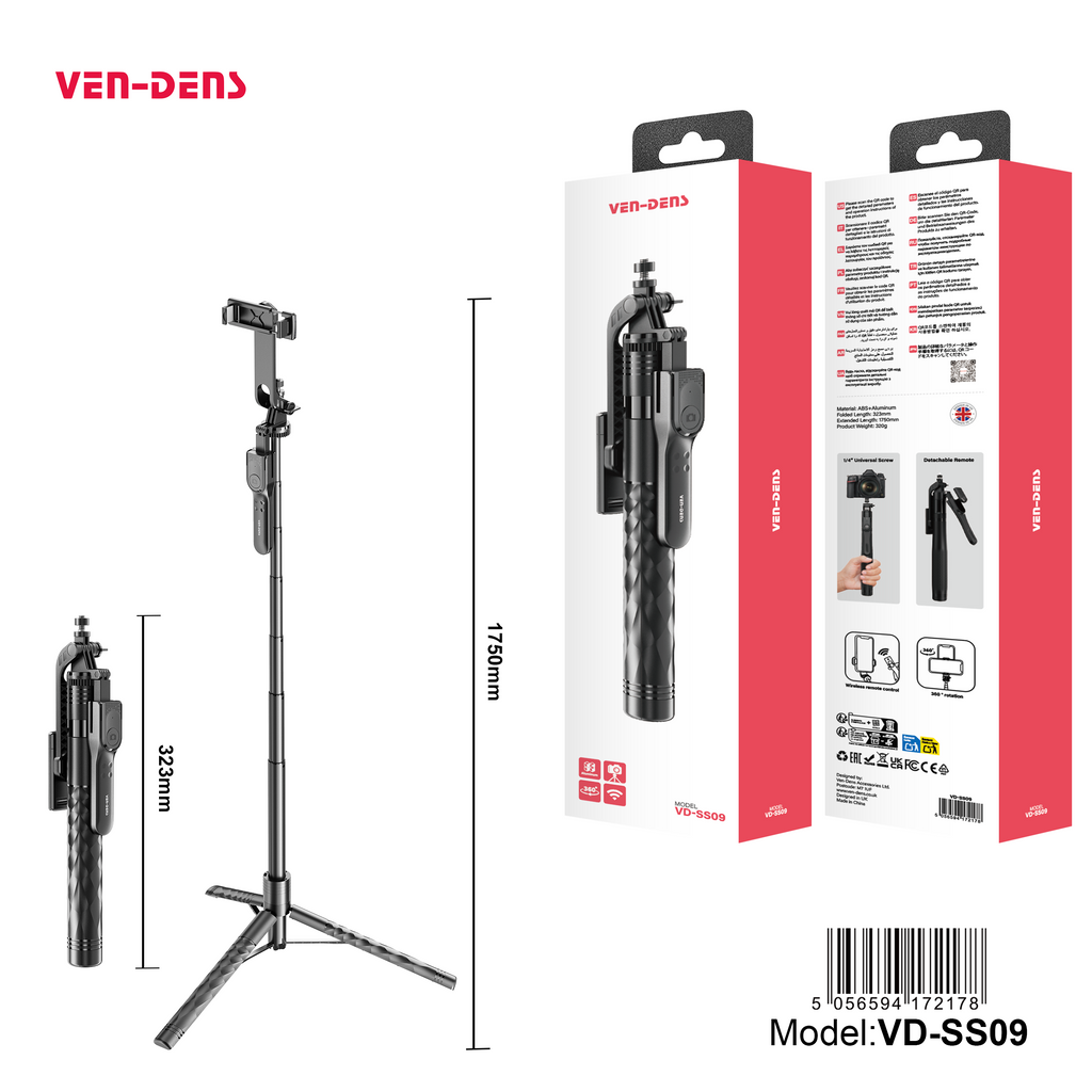 Palo selfie trípode 1750mm | extensible, Bluetooth, aluminio profesional（VEN-DENS SS09)