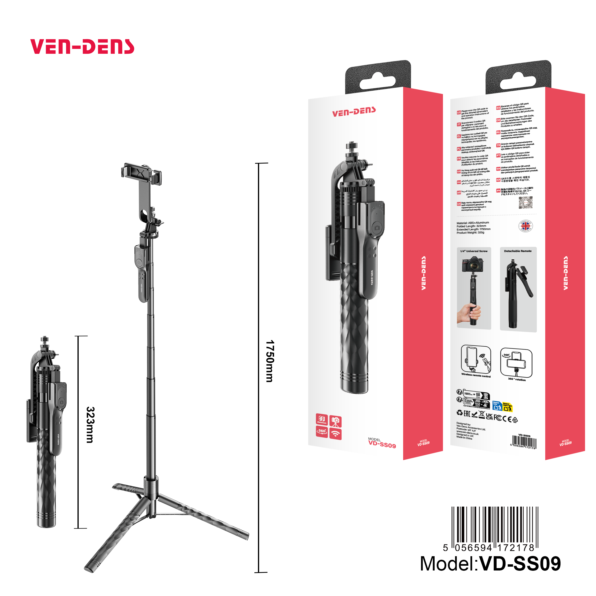 Palo selfie trípode 1750mm | extensible, Bluetooth, aluminio profesional（VEN-DENS SS09)