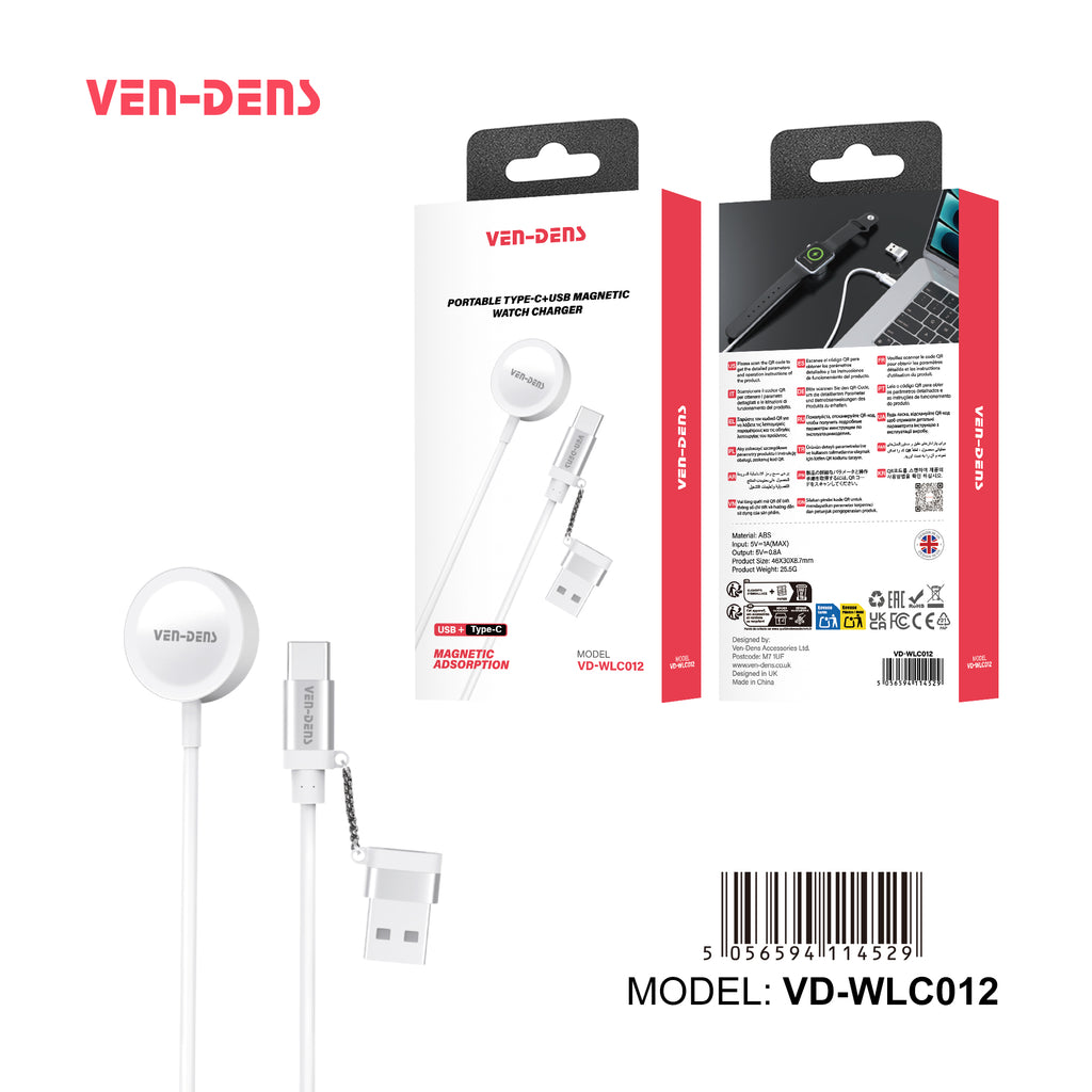 Wireless Cargador magnético para Apple Watch USB + USB-C 2 en 1(VEN-DENS WLC012)